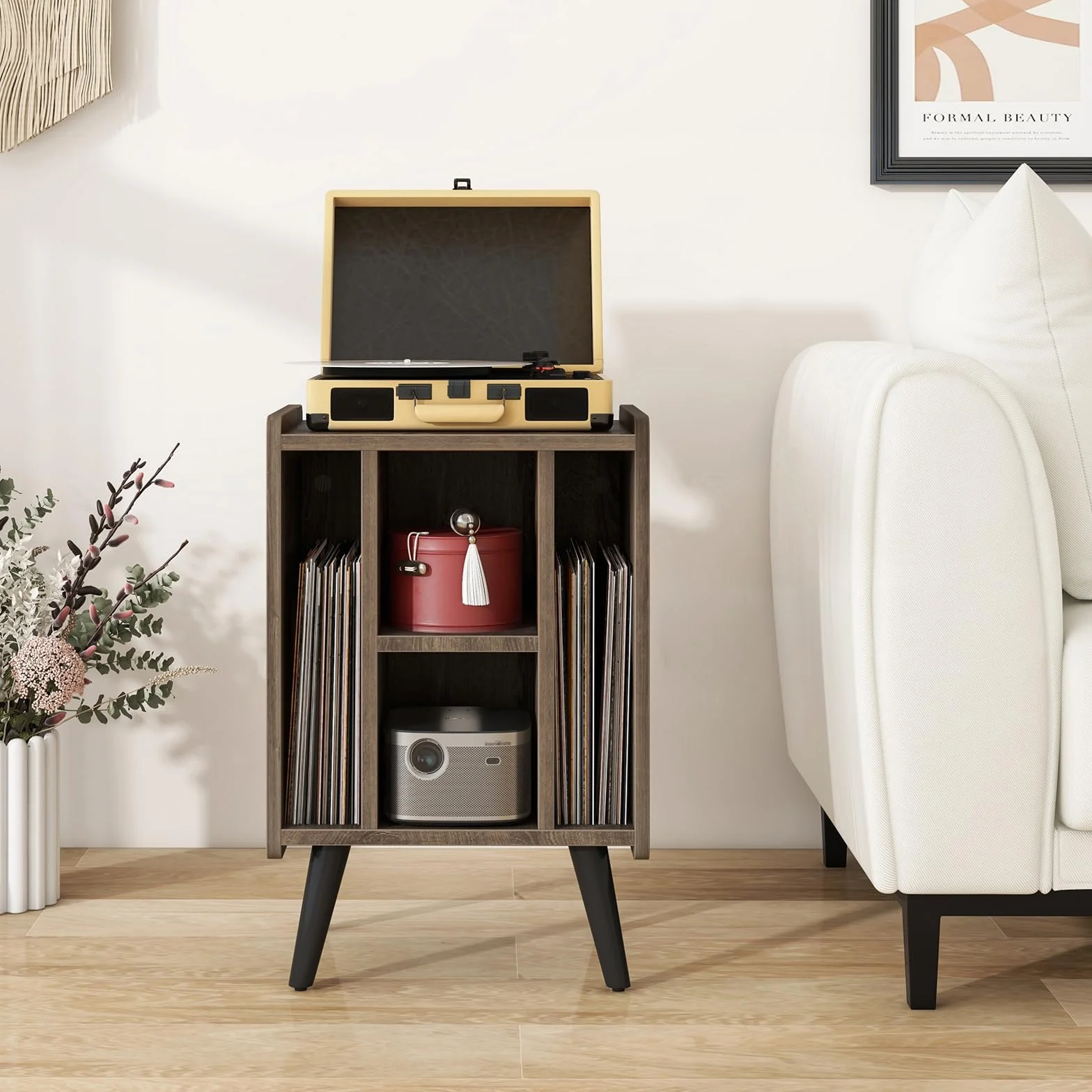KOMFOTTEU Stojak na gramofon ze stacją ładującą, stojak na płyty gramofonowe z 4 otwartymi półkami, regał prezentacyjny, uchwyt na płyty, stół do drukarki, do biura, salonu (szary)