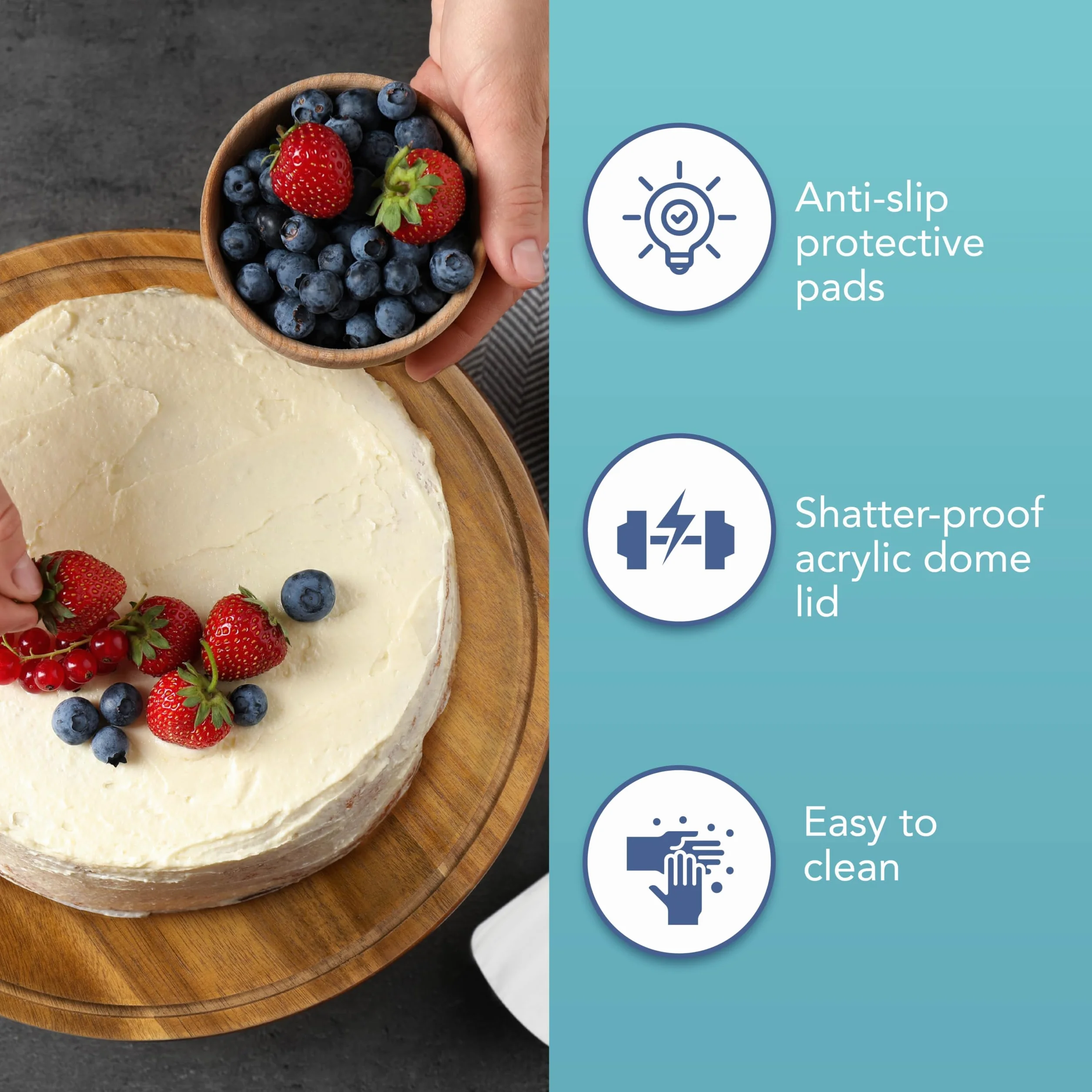 HEFTMAN Stojak na ciasto 25 cm z kopułą – 2 w 1, antypoślizgowy stojak na ciasto z drewna akacjowego z przezroczystą akrylową kopułą do ciast, wypieków, desek serowych – Ekspozycyjny stojak na torty