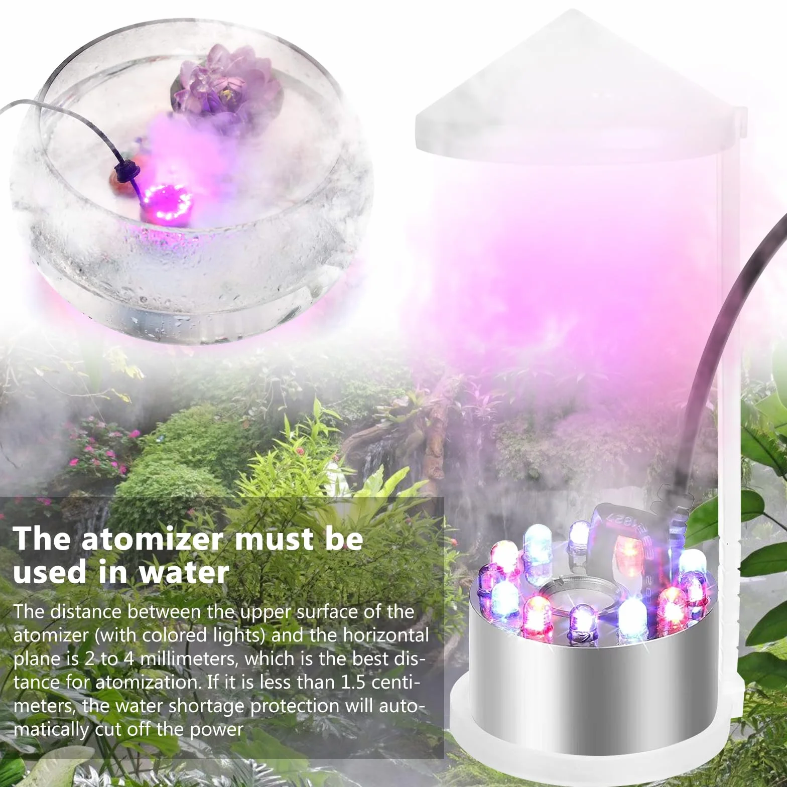 Ultradźwiękowy nebulizator, 350 ml/h, mini wytwornica mgły z 12 diodami LED, maker, mgiełka wodna, regulowana barza do wytwarzania mgły ze zdejmowaną ochroną przed pryskaniem, do fontanny, stawu