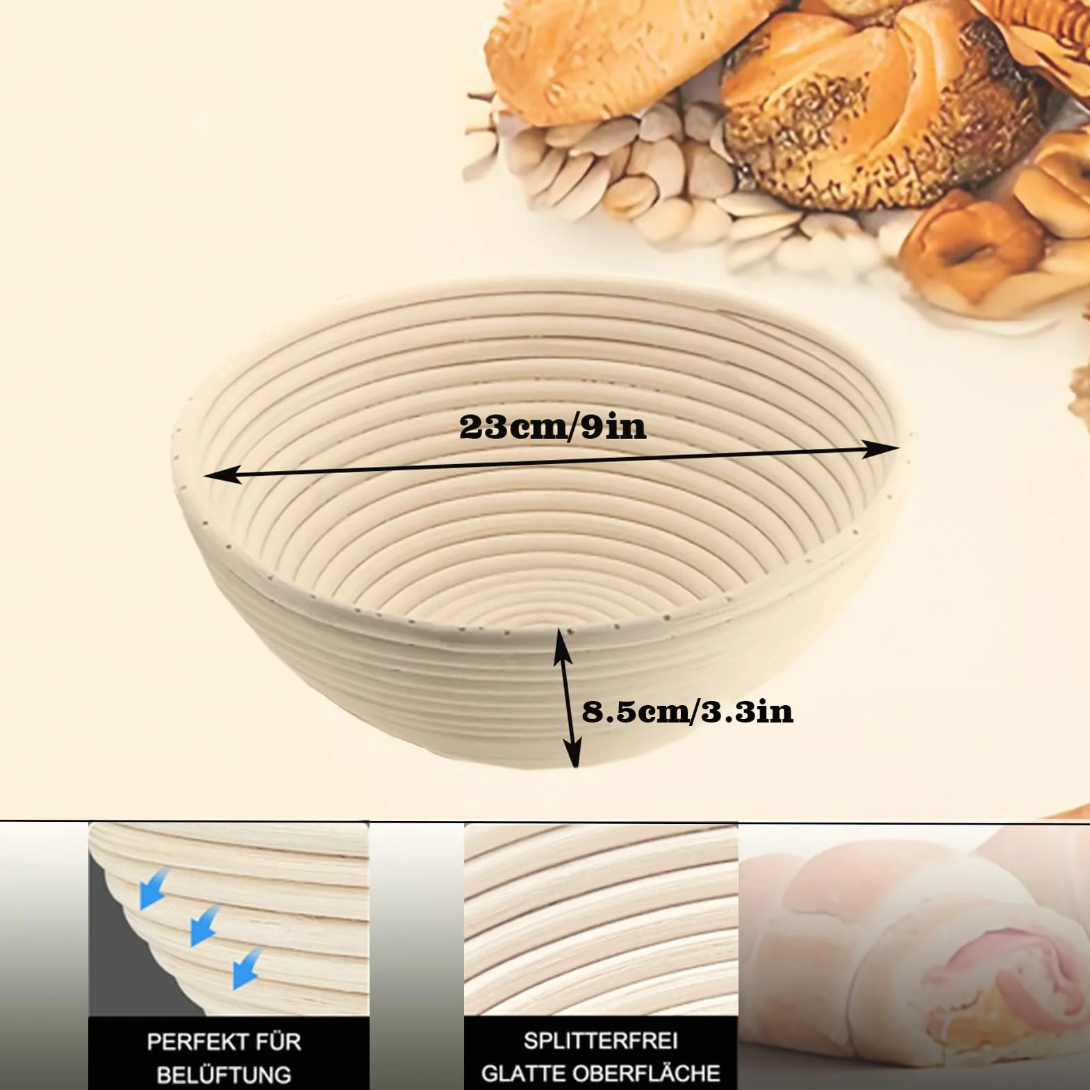 Okrągły Kosz do Garowania 23 cm, Zestaw Koszyków do Garowania, Banneton, Naturalny Rattan, Szczotka, Nóż do Chleba, lniany Worek do chleba, Zestaw do Pieczenia Chleba, Pojemność 1 kg Ciasta