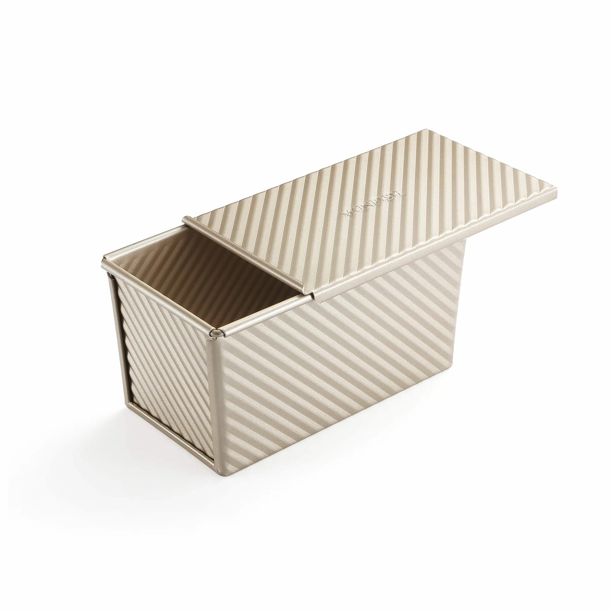 Monfish Patelnia do pieczenia chleba Pullman z pokrywką, formka do tostów, falista patelnia do pieczenia chleba z pokrywką, 450g ciasta, nieprzywierająca, złota stal aluminiowana (21,5x12,3x11,4cm)
