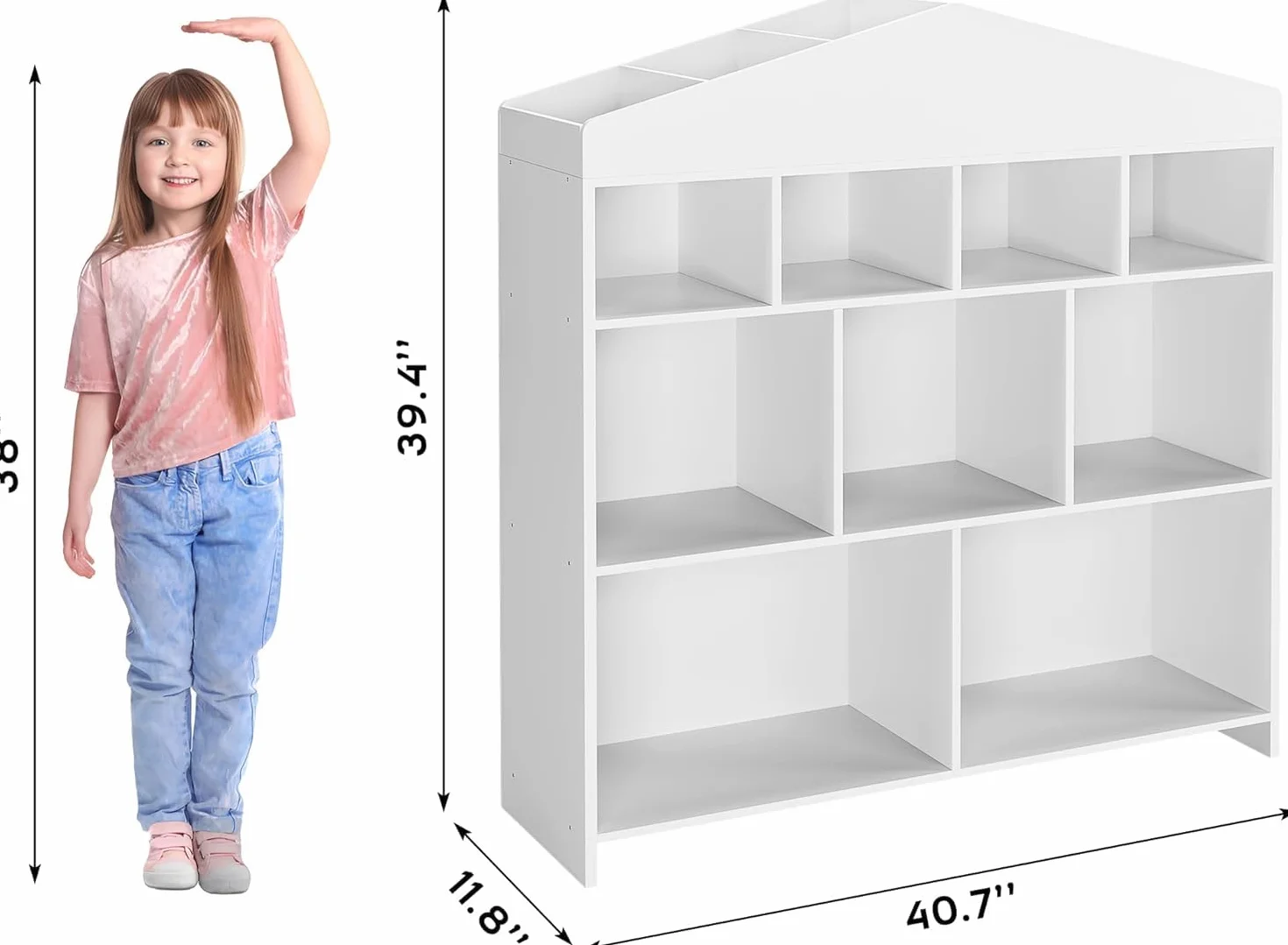 Regał dziecięcy 9 szafek z dachem, organizer na zabawki 103 cm (szerokość) biały, bezpieczny regał zapobiegający przechylaniu się do pokoju dziecięcego, pokoju zabaw, płyta MDF (100 x 103 x 30 cm)