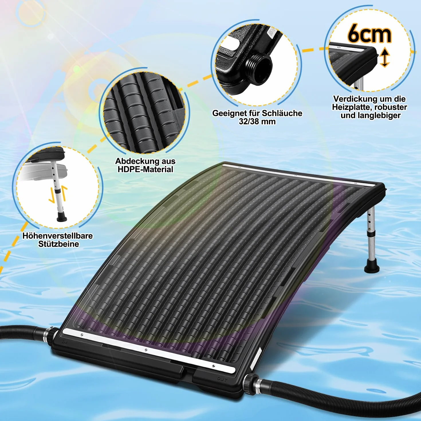 Solarne ogrzewanie basenu, kolektor solarny 110 x 65 x 35 cm, z regulacją wysokości, 10 000 l/h, przyłącze 38 mm, możliwość rozszerzenia, do ciepłej wody, prysznica ogrodowego, basenu