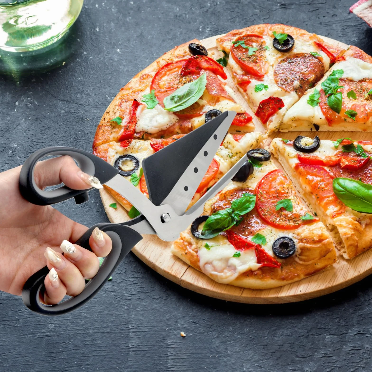 DAWRIS Nożyczki do pizzy, nożyce z łopatką, ostre z stali nierdzewnej, miękki uchwyt, wielofunkcyjne kuchenne, do mycia w zmywarce, 27 cm