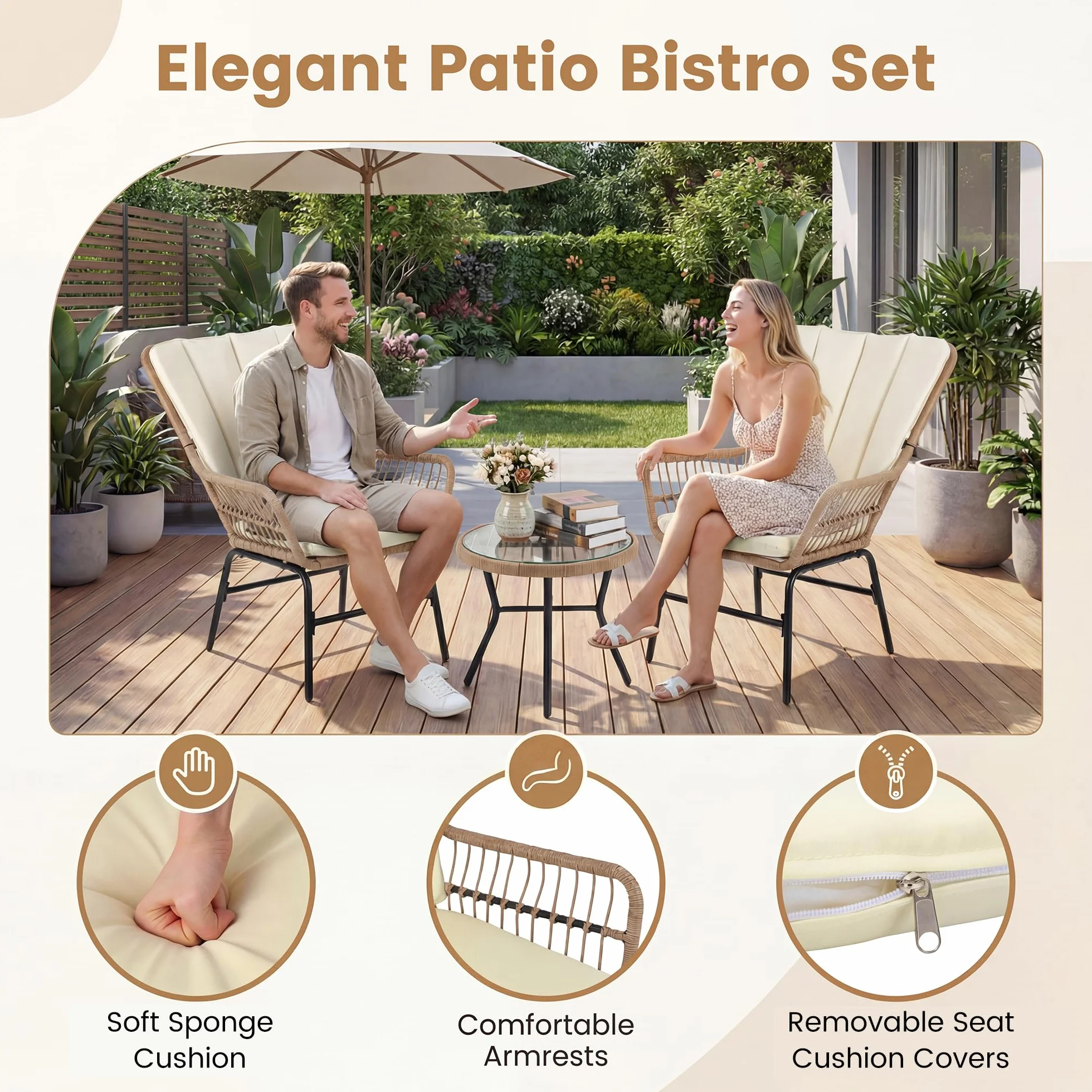 GIANTEX 3-częściowy zestaw mebli ogrodowych, rattanowe, meble balkonowe z 2 krzesłami z poduszkami i stołem, zestaw bistro na balkon, taras i patio, zestaw wypoczynkowy dla 2 osób, obciążenie do 180