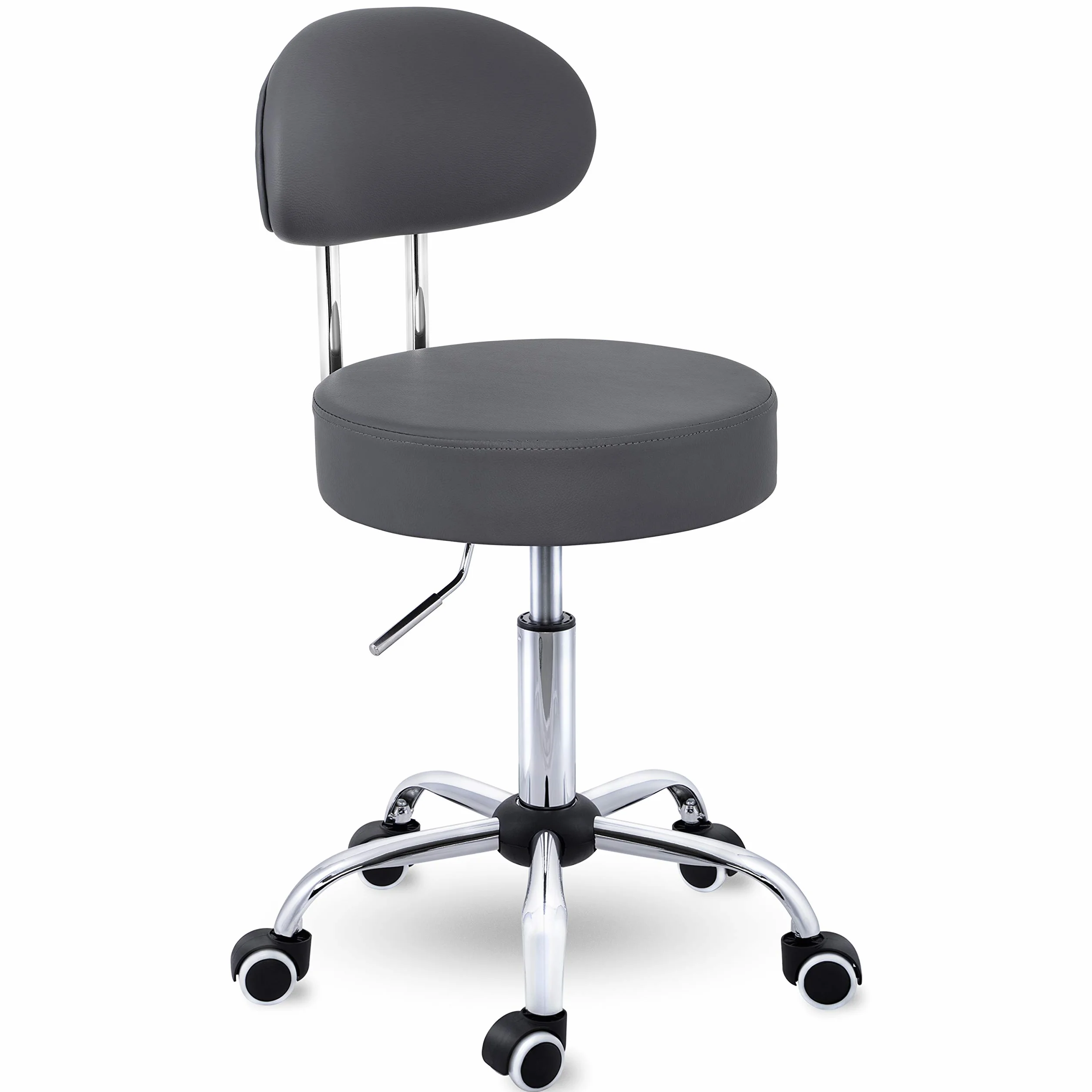 TRESKO® Taboret na kółkach z oparciem, szary, regulacja wysokości 47-60 cm, obrotowy z kółkami, krzesło biurowe, stołek obrotowy