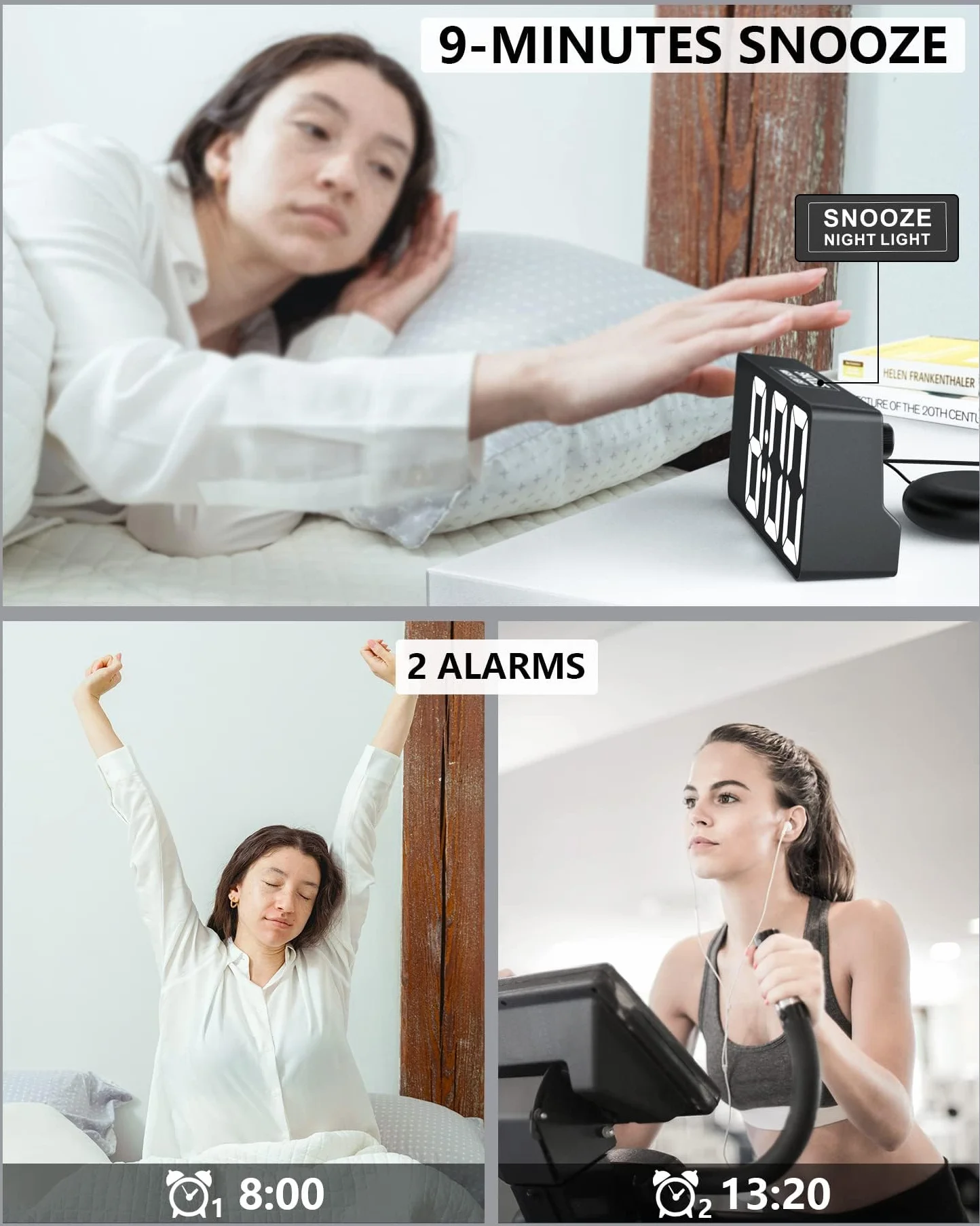 Mesqool Budzik z Wibracją, Budzik Wibracyjny dla osób śpiących, Niedosłyszących, Nastolatków, Podwójny budzik, duży Wyświetlacz, lampki nocne, ladowarka USB, ściemniacz, Drzemka | Duży cyfrowy budzik z funkcją ładowania i lampkami nocnymi, portem USB, jas