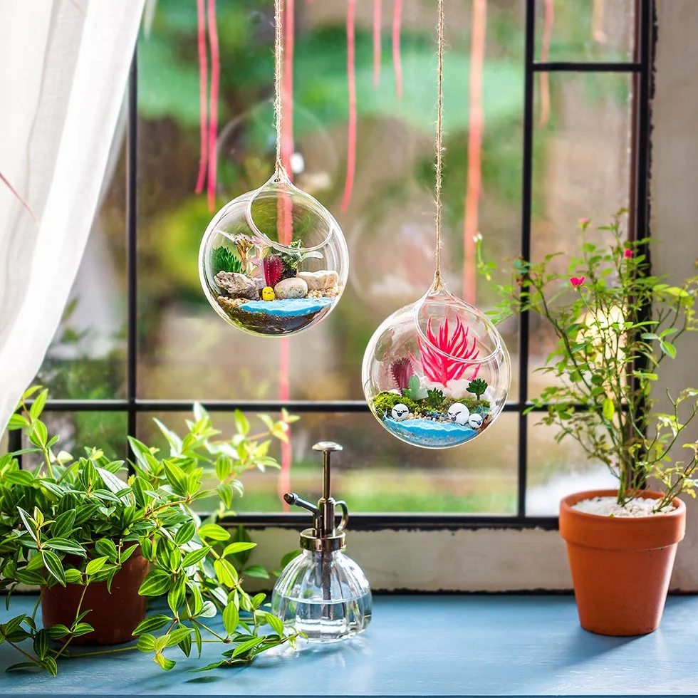 Wiszące szklane kule, terrarium, sukulenty, kule, szklana doniczka, duży otwór, paproć, rośliny, wazon, wieszak, na imprezę, ślub, ogród, design, 12 cm, 2 sztuki