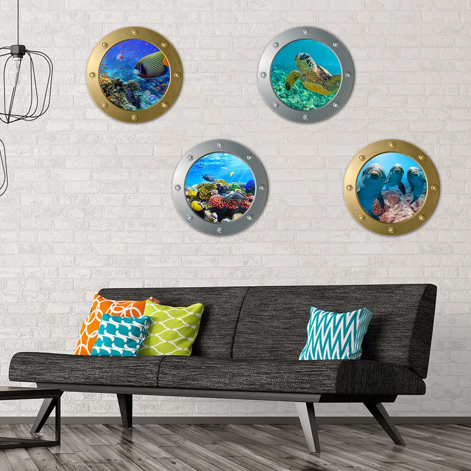 4 sztuki ścienne 3D naklejek podwodny świat, 3D Sea Life, delfin, łódź podwodna, okno, naklejki na płytki, do łazienki, obraz, dekoracja