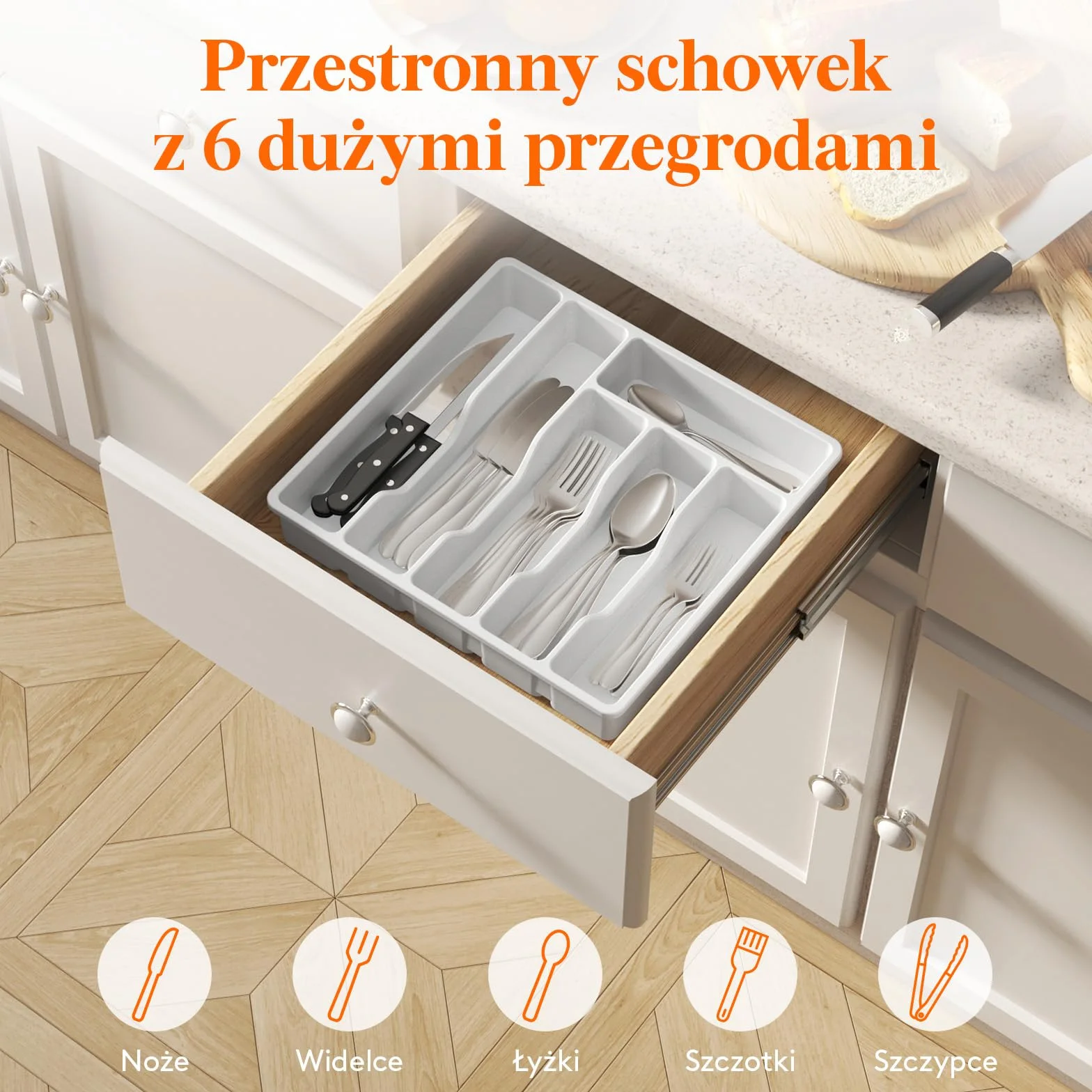 Organizer do szuflady na sztućce Lifewit, Plastikowa taca na sztućce do szuflady kuchennej, Uchwyt, Przegródka na Łyżki, Widelce, Noże, Zastawa stołowa, 6 przegródek, Biały