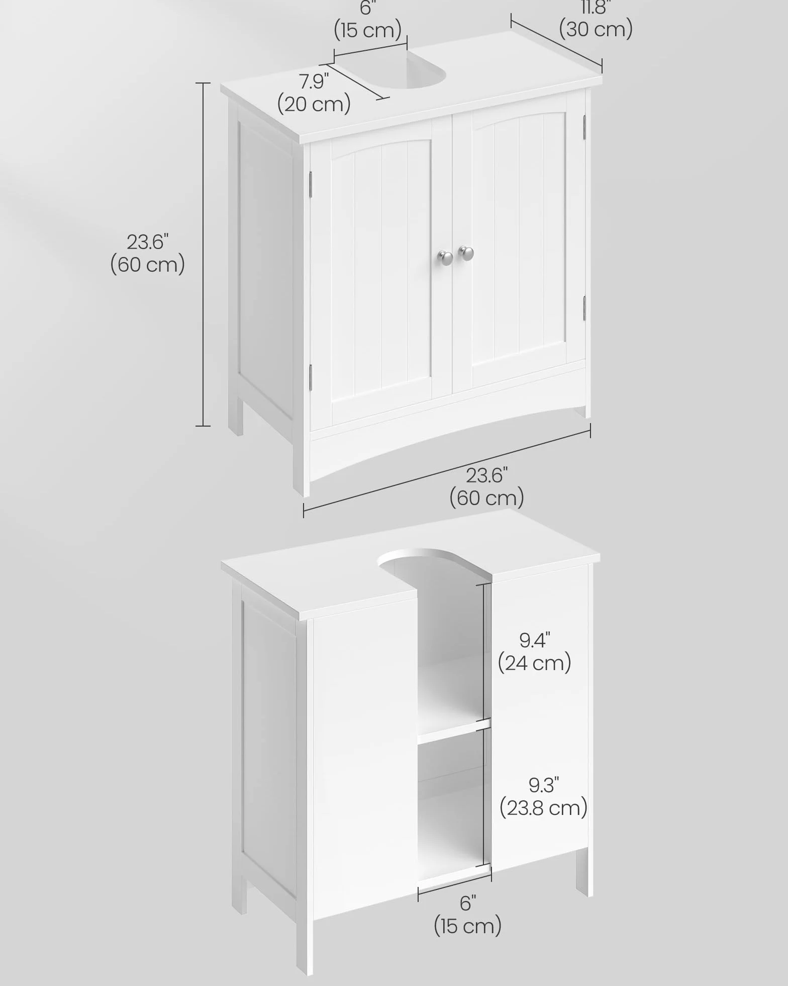 VASAGLE BBC01WT szafka pod umywalkę, szafka łazienkowa, 2-drzwiowa, z regulowaną półką, biała, 60 x 60 x 30 cm (szer. x wys. x głęb.), BBC01WT