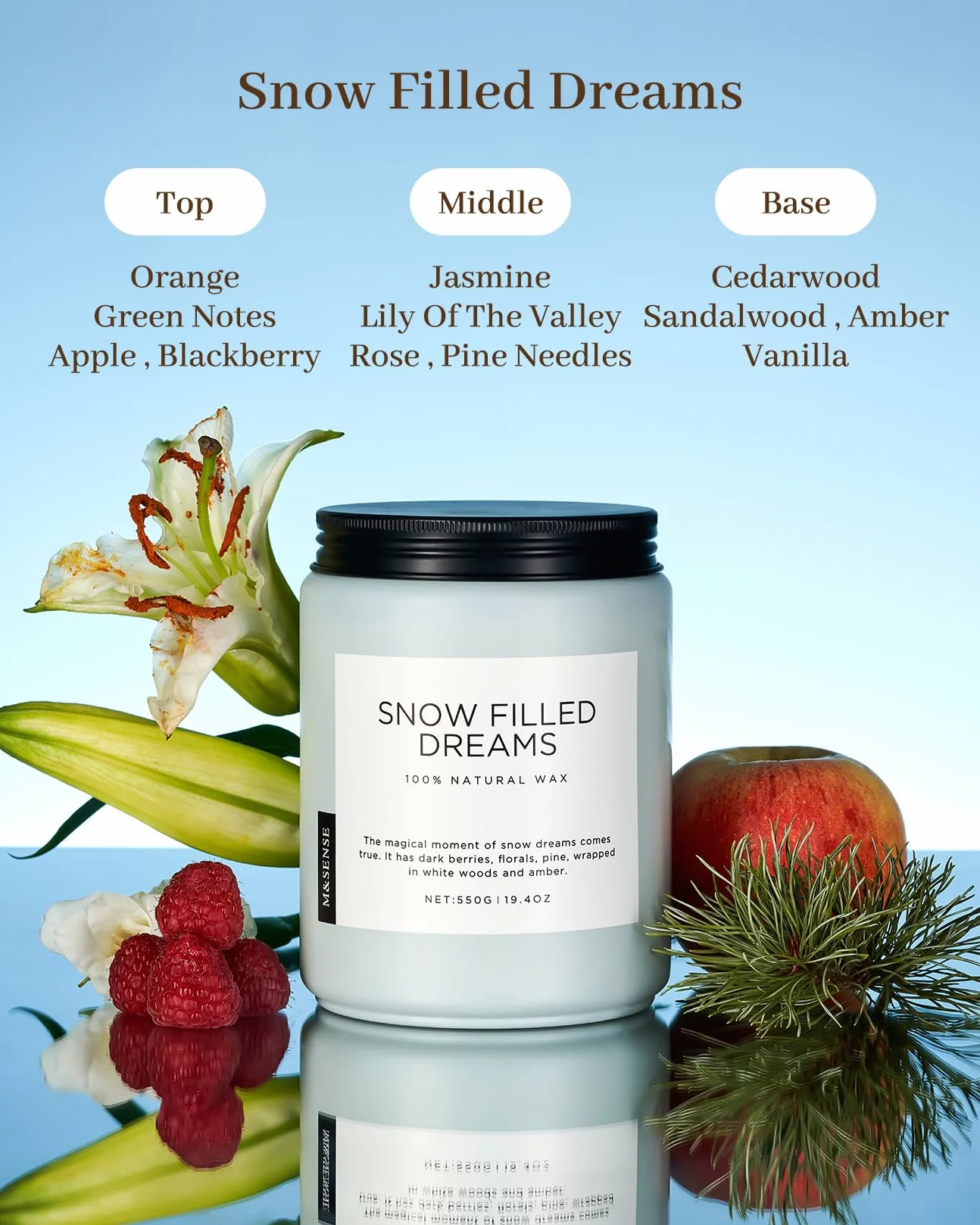 Świece zapachowe M&SENSE duże w szkle Śnieżne Marzenia Zimowe z jeżyną i sosną 550g, 110 godz. czasu palenia naturalne prezenty świec aromaterapeutycznych SnowFilledDreams
