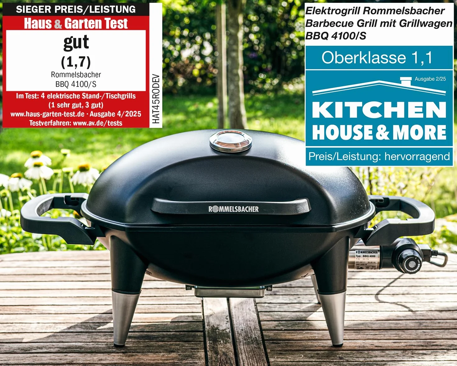 ROMMELSBACHER Barbecue BBQ 4000, 2-częściowy ruszt do grillowania z żeliwa, pokrywa na zawiasach ze wskaźnikiem temperatury, temperatury do 300°C, bezstopniowa regulacja, możliwość rozszerzenia o