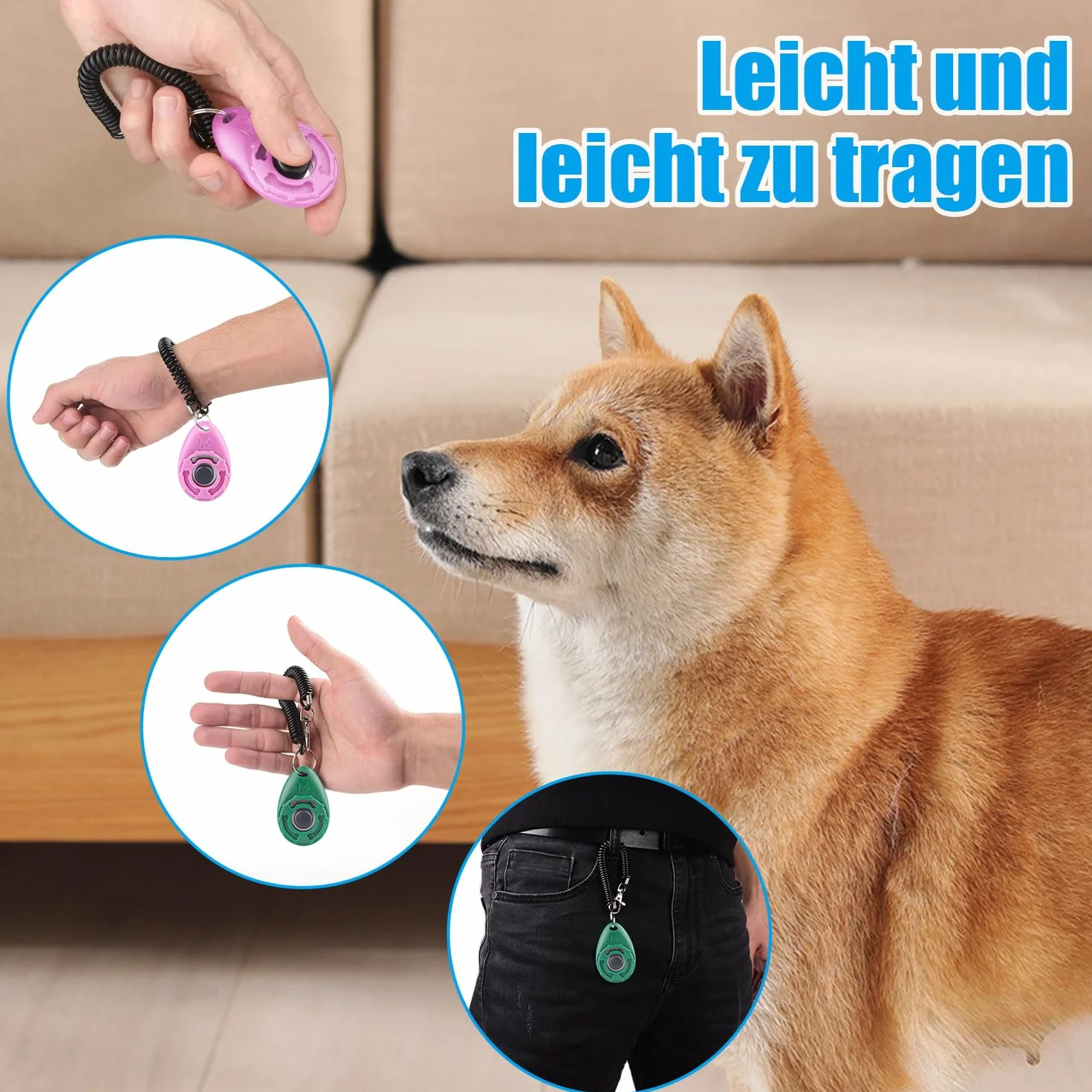 Clicker treningowy z dużym guzikiem, elastyczny pasek na rękę, dla psa, kota, konia, 2 sztuki, zielony + różowy