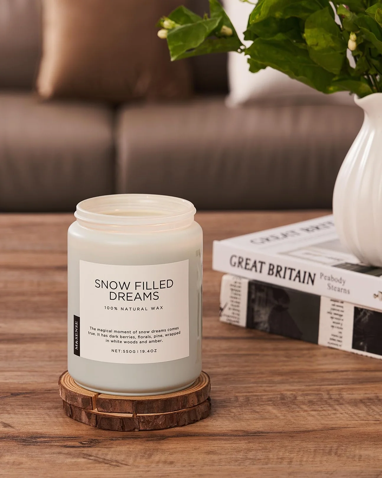 Świece zapachowe M&SENSE duże w szkle Śnieżne Marzenia Zimowe z jeżyną i sosną 550g, 110 godz. czasu palenia naturalne prezenty świec aromaterapeutycznych SnowFilledDreams
