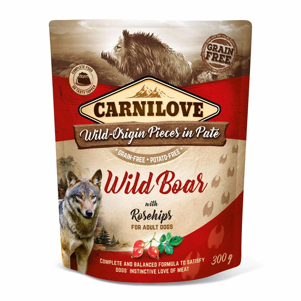 Carnilove Wild Boar with Rosehip | dwupak | 2 x 300 g | mokra karma dla dorosłych psów | dzik z dziką różą | bez zbóż | 85% mięsa i podrobów