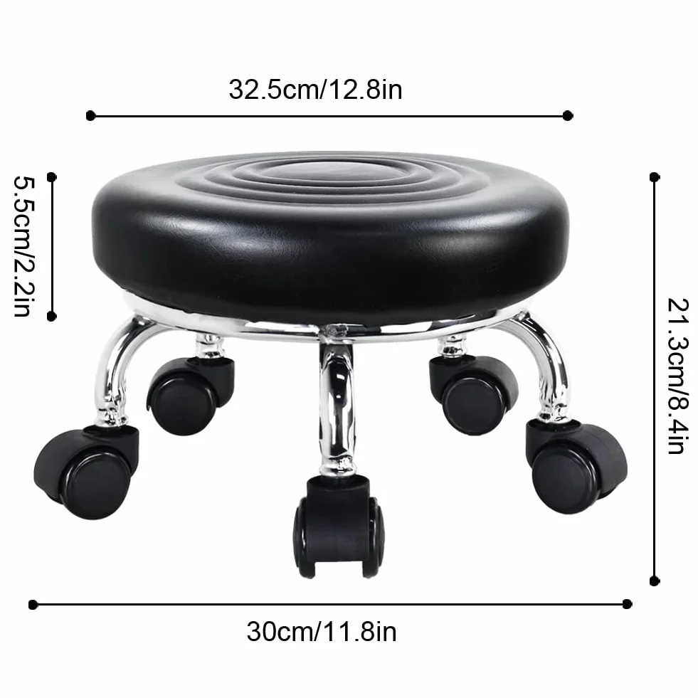 WKWKER Nowoczesne siedzisko rolkowe PU Leather Low Round Rolling Stool Skrętny mały stołek z uniwersalnymi kółkami do garażu domowego Sklep Fitness Sport, H: 21.3cm (czarny)
