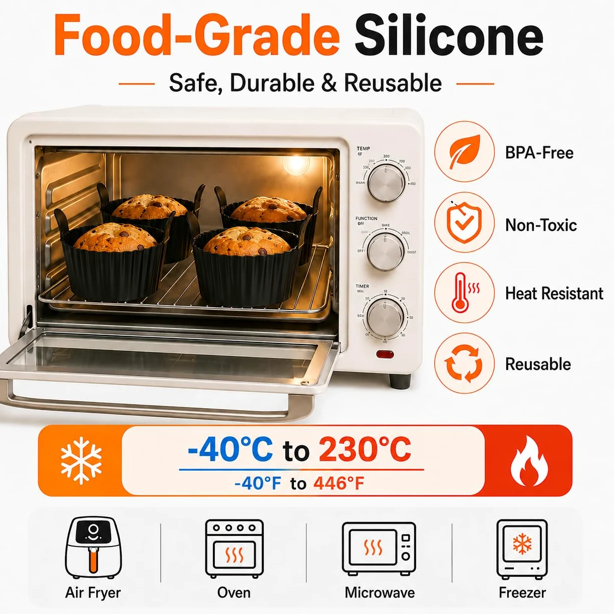 Zestaw 8 silikonowych foremek do muffinek Airfryer z uchwytami, silikonowa forma do muffinek do frytkownicy powietrznej, nieprzywierające foremki do zapiekanek do frytkownicy powietrznej, piekarnika i