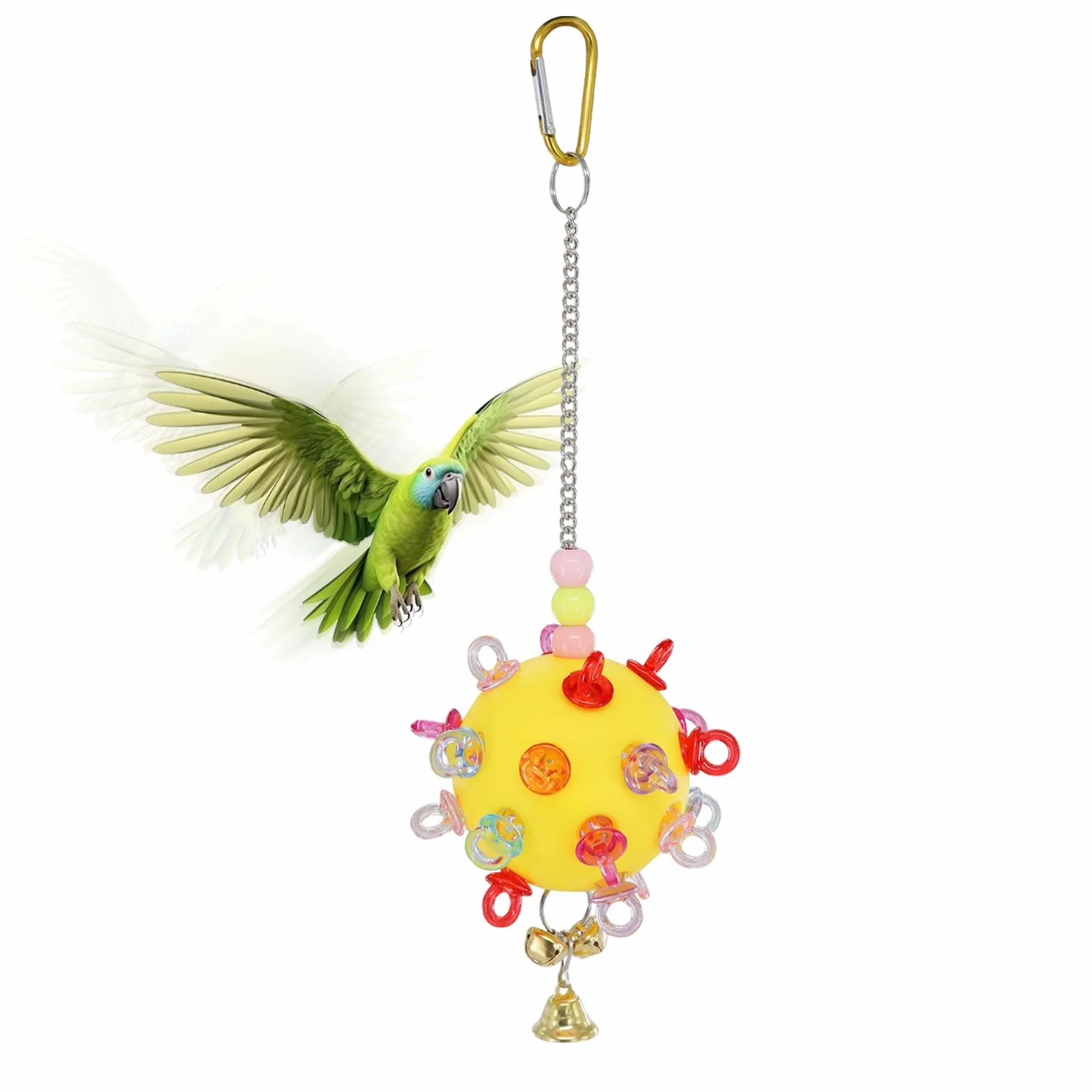 Kolorowa zabawkowa piłka dla ptaków z dzwonkiem i łańcuszkiem dla papugi, budgies (żółta)