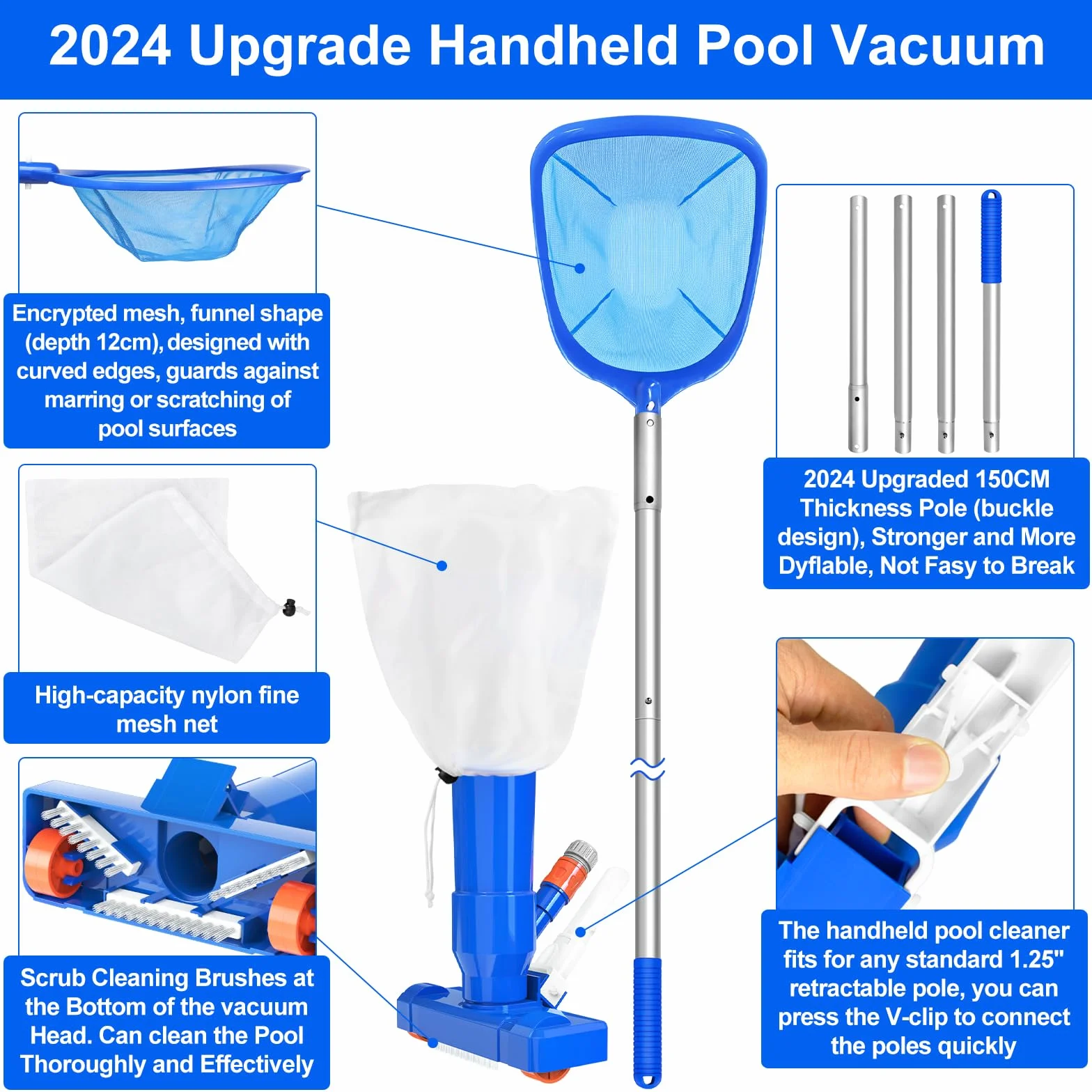 2024 Upgrade Poolreinigung Bodensauger & Skimmer Pool Kescher, Tragbares Poolsauger Staubsauger, Vakuumsauger Pool Reinigungsset