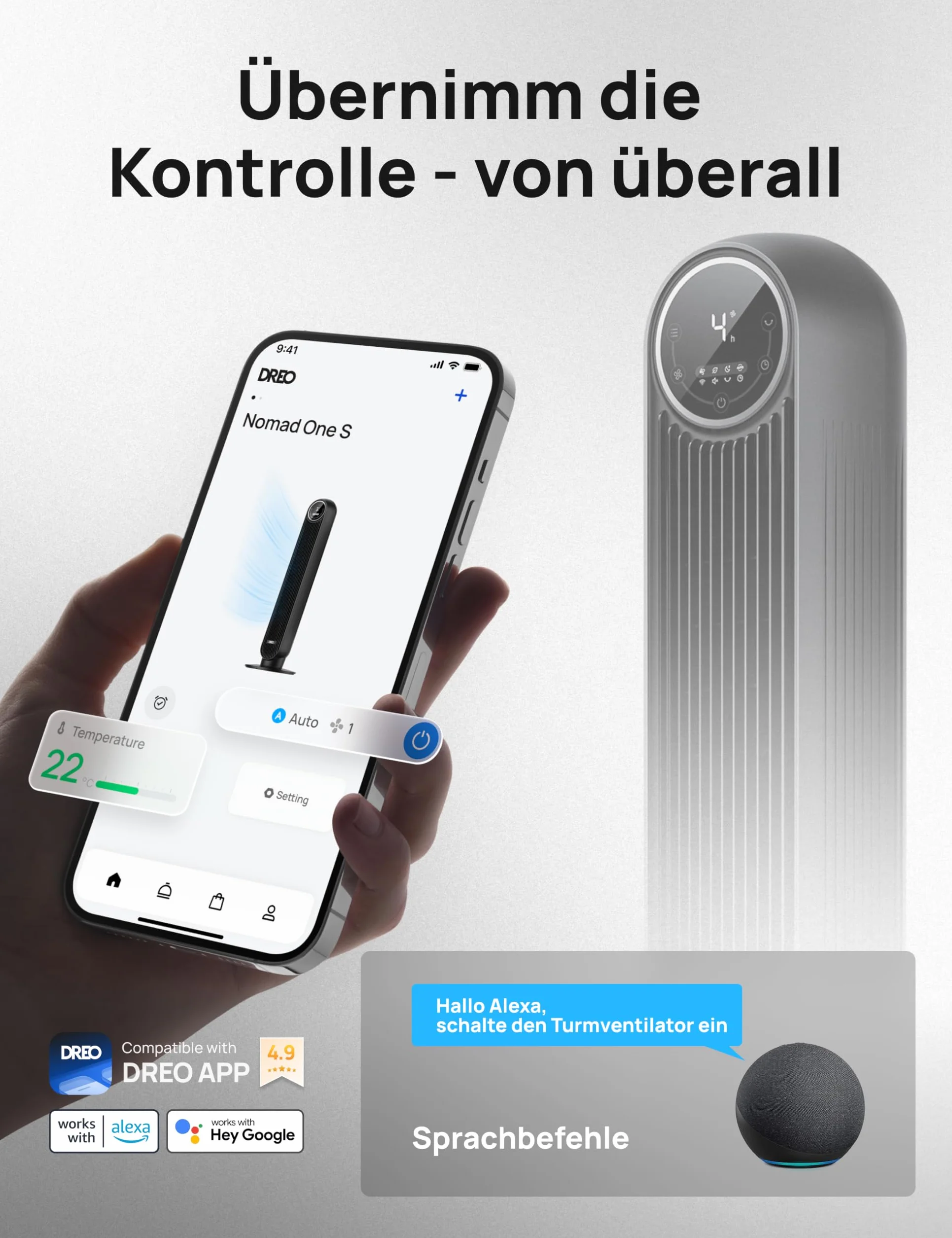 Dreo Inteligentny cichy wentylator kolumnowy, aplikacja i sterowanie głosem, oscylujący 90° wentylator z pilotem zdalnego sterowania, 4 tryby, 4 prędkości, timer 8 godzin, Nomad One S, czarny