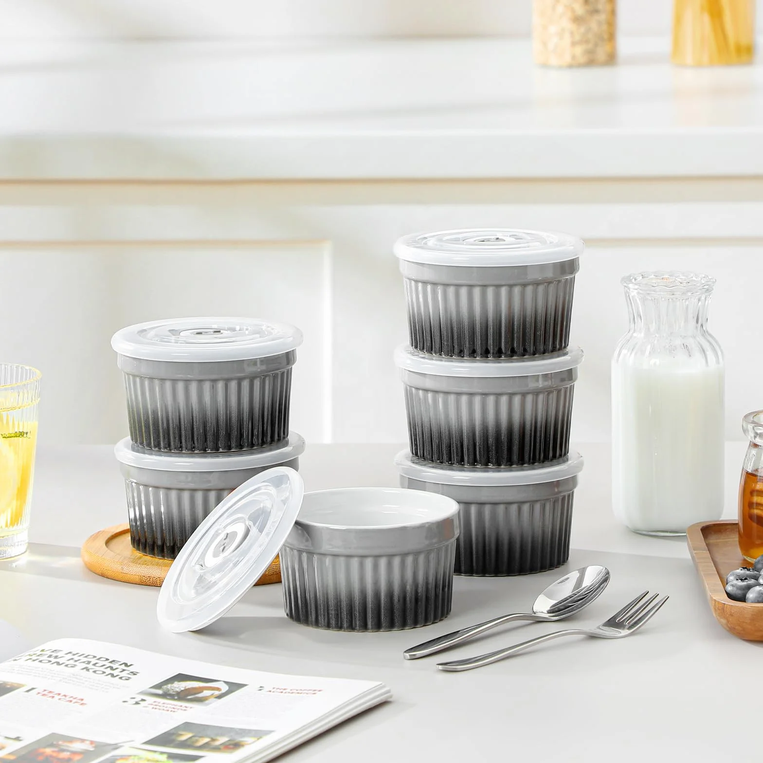 vancasso Ramekiny z pokrywkami, 6 x 260 ml, ramekiny i foremki do dmuchania z porcelany, Ramekin Creme Brulee do babeczek i ciast, ramekin, piekarnik do kremów, sos, owoce, Ø10,1 cm - szary
