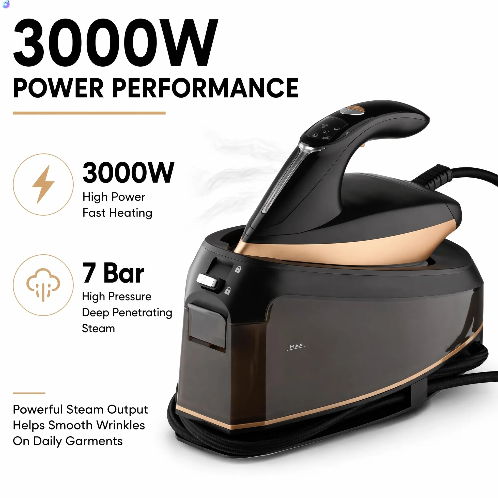 Żelazko parowe ciśnieniowe o mocy 2600 W, ręczne żelazko elektryczne z wiszącą butelką o pojemności 1500 ml, parownica do odzieży domowej(Black)