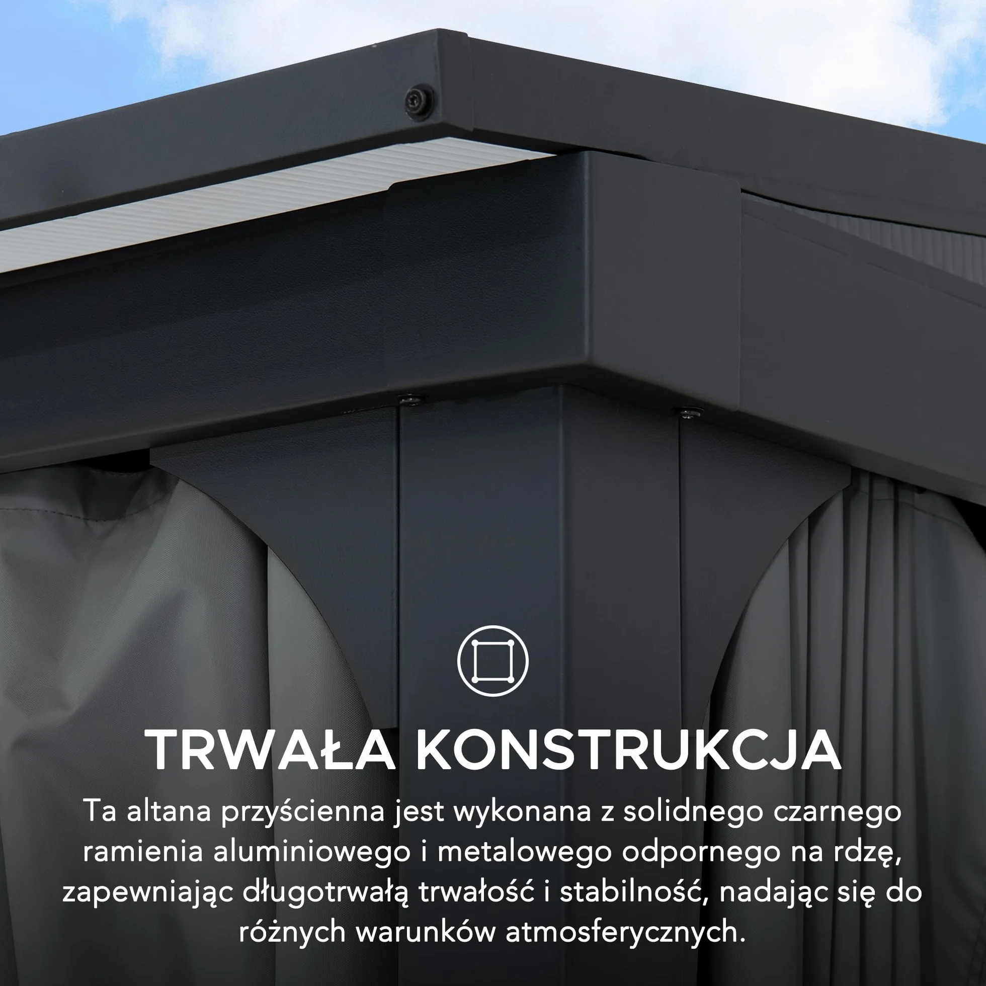 SUNJOY Pawilon Przyścienny 3 x 3,6 m z Zasłonami i Moskitiery, Grubsze Słupy 8 cm, Metalowa Konstrukcja, Wodoodporny Dach z Poliwęglanu, Pergola do Ogrodu, Tarasu i Werandy