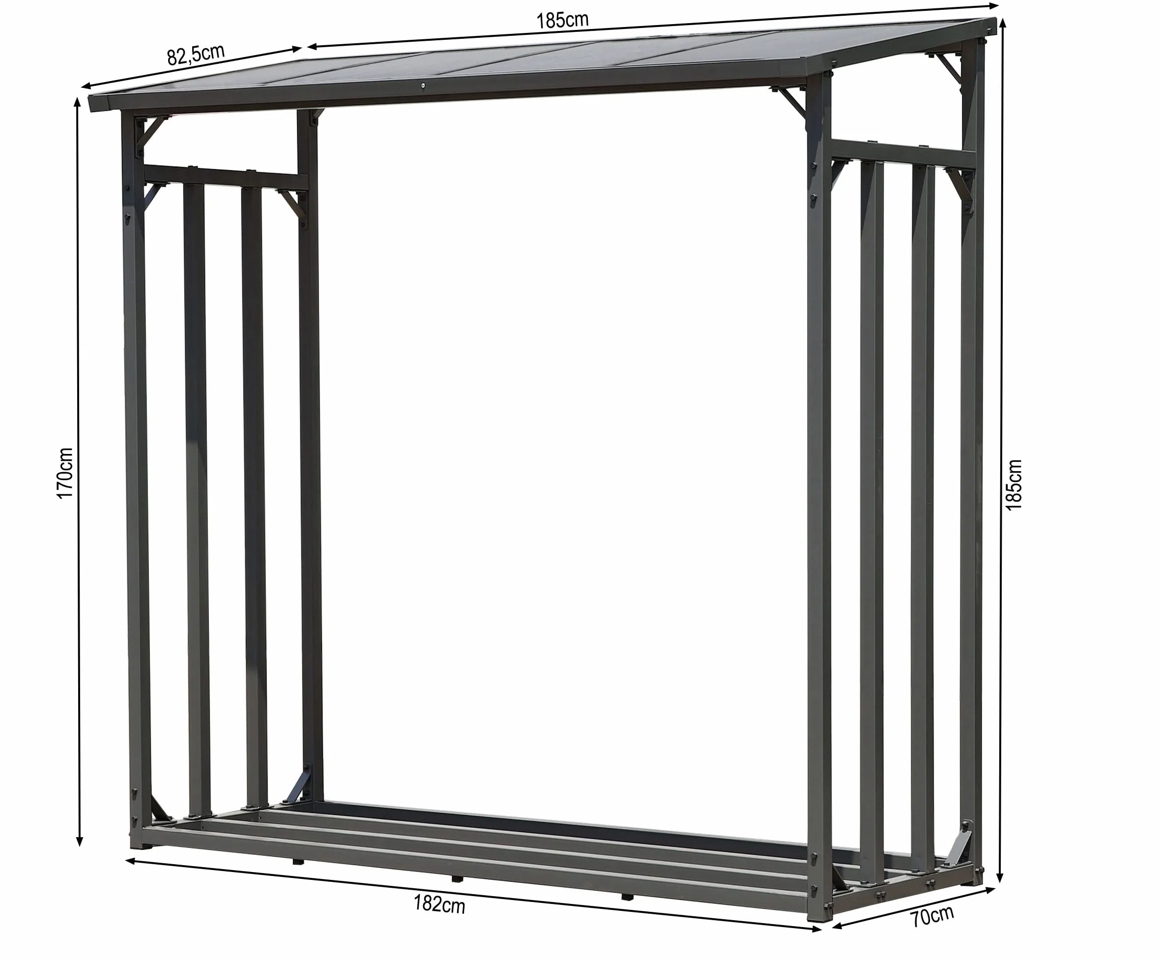 QUICK STAR Metalowy regał na drewno kominkowe antracyt XXL 185 x 70 x 185 cm, stojak na drewno opałowe do ogrodu, 2,3 m³, magazyn drewna kominkowego, pomoc do układania drewna na zewnątrz.
