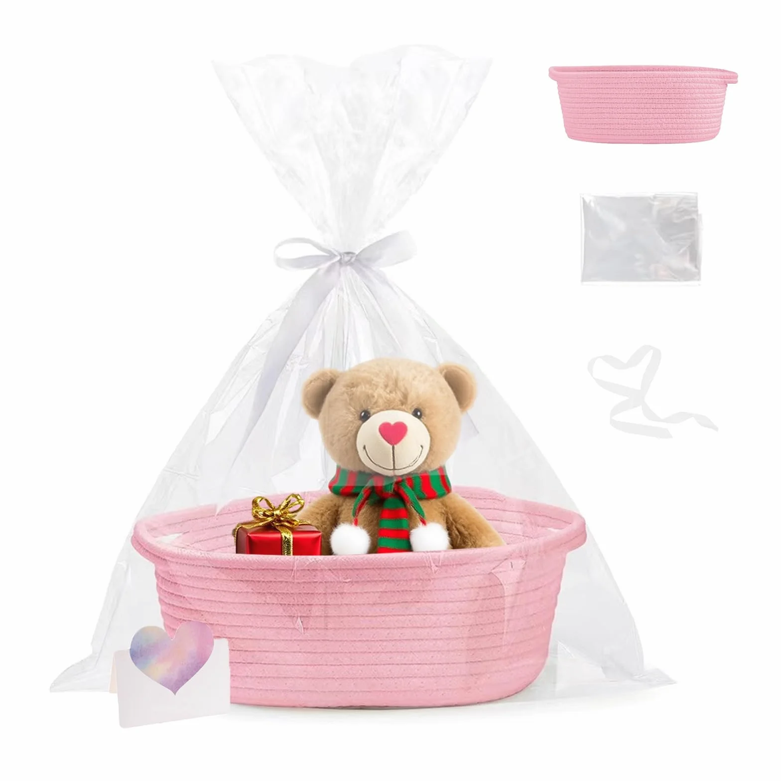 Kosz na prezenty pusty, 1 szt. Wyplatany koszyk bawełniany na prezenty, koszyk na prezenty, pleciony koszyk z bawełny z uchwytem, z woreczkami prezentowymi i wstążkami, na przyjęcie, urodziny, ślub