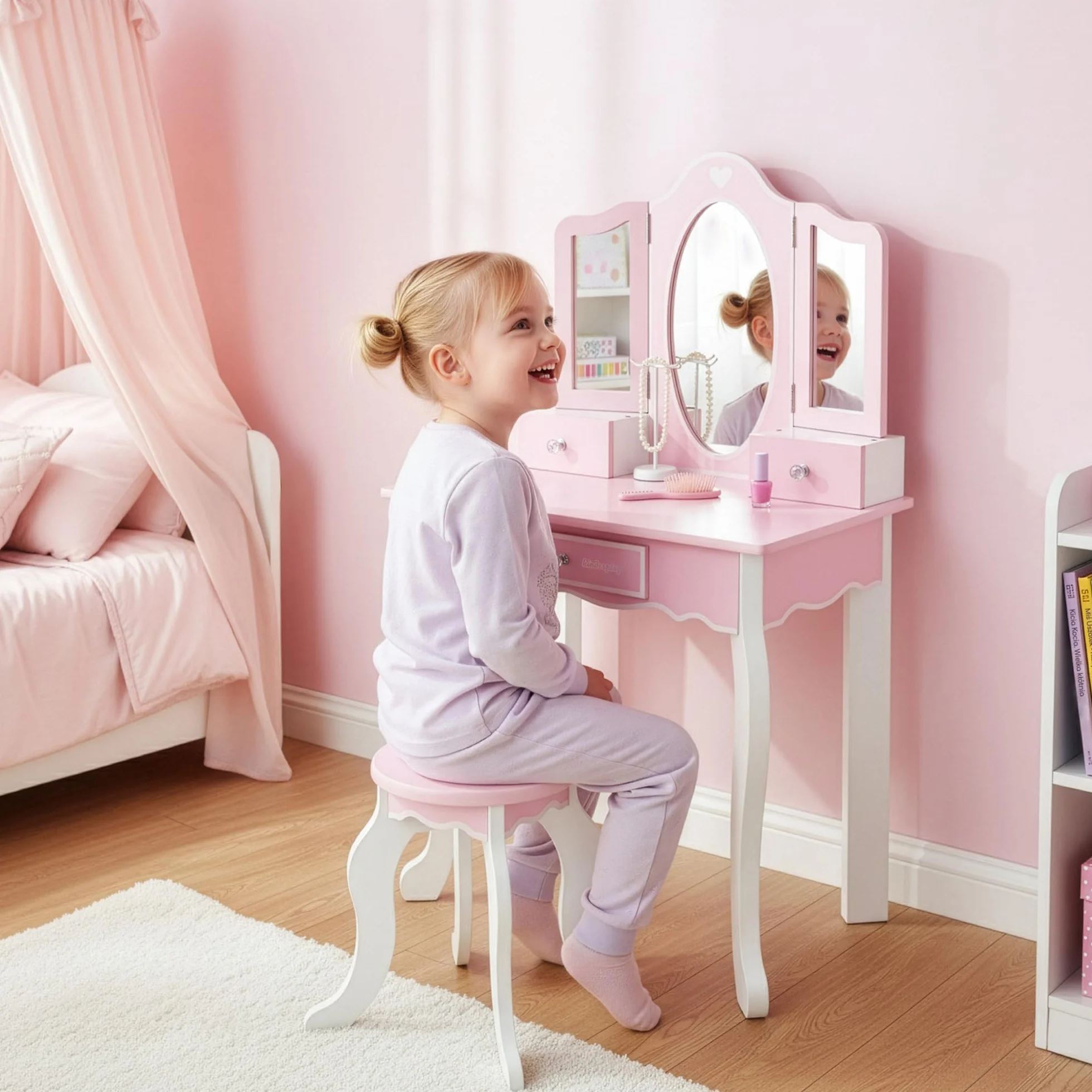 Kinderplay duża drewniana toaletka dla dziewczynki z lustrem – różowa toaletka dla dzieci