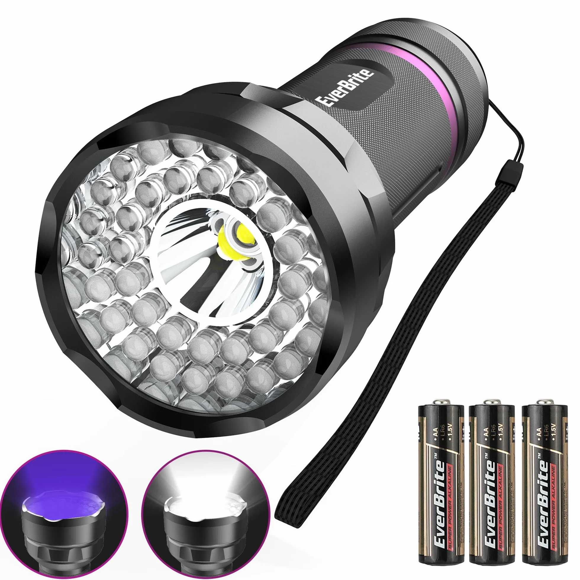 EverBrite Latarka UV 2 w 1 z 38 diodami LED, 395 nm, 300 lm jasności, detektor moczu zwierząt, tester banknotów, zestaw 3 baterii
