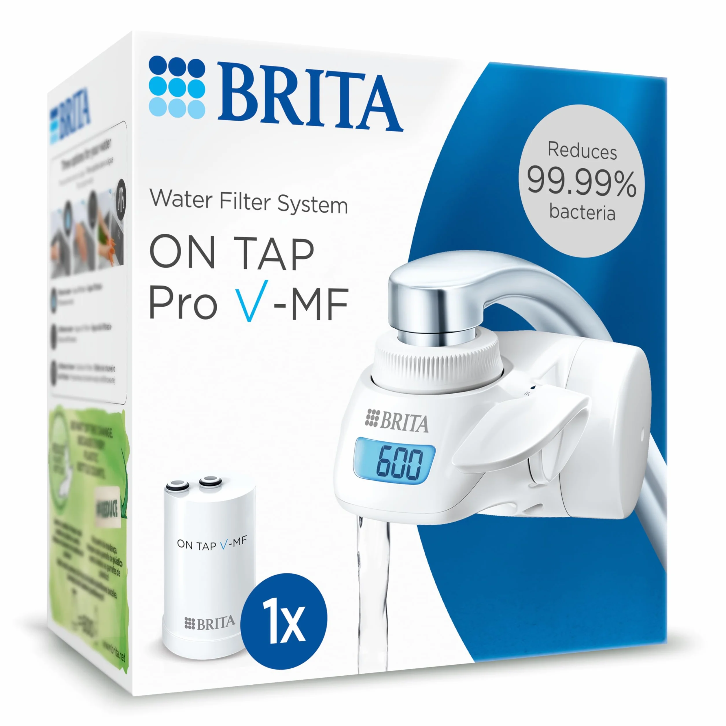 BRITA Filtr wody ON TAP Pro V-MF do kranu z 1 wkładem filtracyjnym (600l) - redukuje 99,99% bakterii, chloru, mikrotworzyw sztucznych i metali ciężkich /cyfrowy wyświetlacz LCD pokazuje pozostałą pojemność