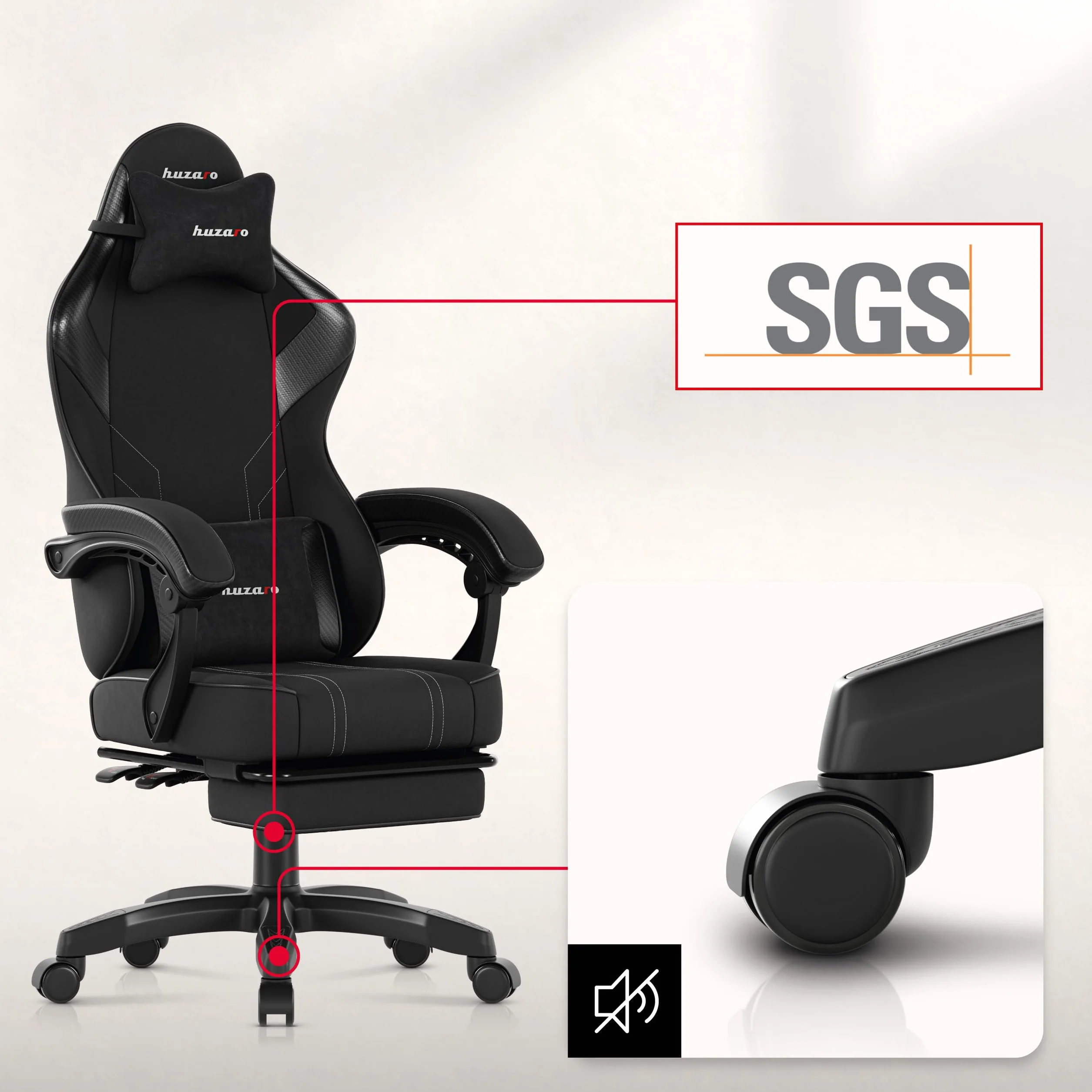 huzaro Force 3.7 Ergonomiczne krzesło do gier | Fotel dla gracza z podnóżkiem i poduszką lędźwiową | pochylone oparcie, wygodne podłokietniki, oddychająca tkanina, ciche kółka | czarny karbonowy