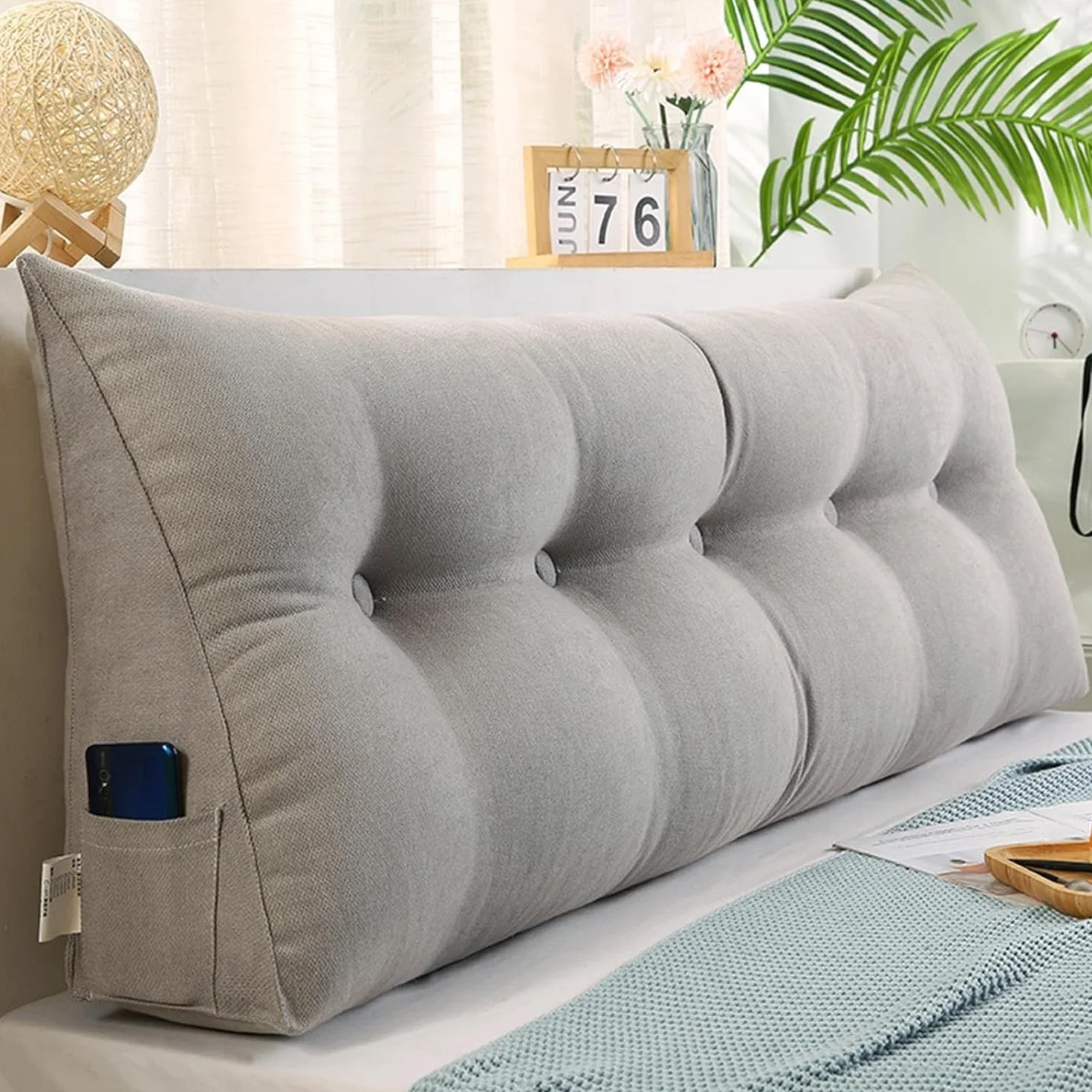 Trójkątna poduszka na koturnie do czytania, podparcie lędźwiowe, zagłówek do łóżka i sofy, ergonomiczna, pianka z pamięcią kształtu, szara, 200 x 50 x 20 cm, idealny komfort i wsparcie