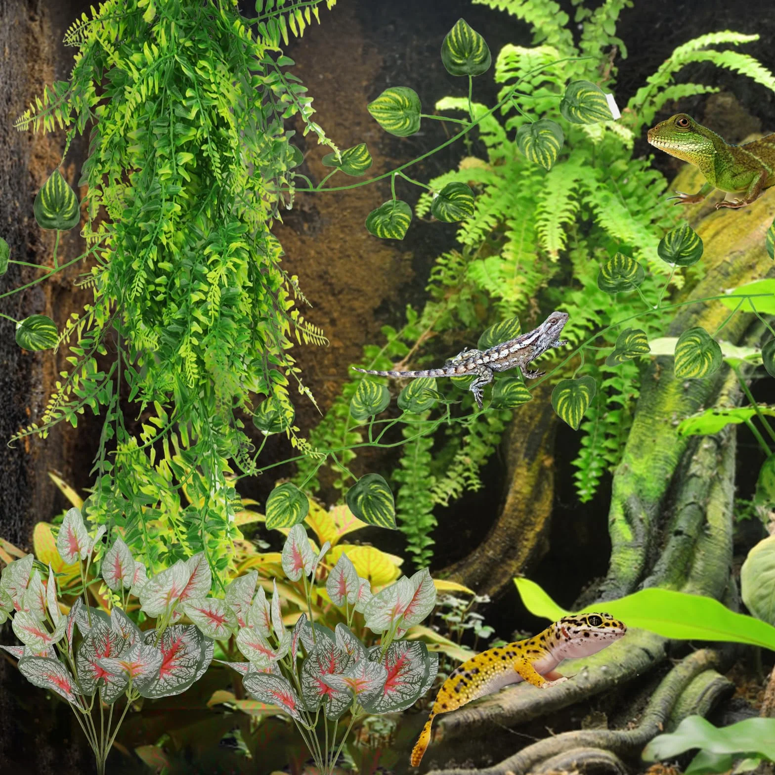 QUOZUO sztuczna wisząca roślina do terrarium dla gadów kameleonów jaszczurek węży