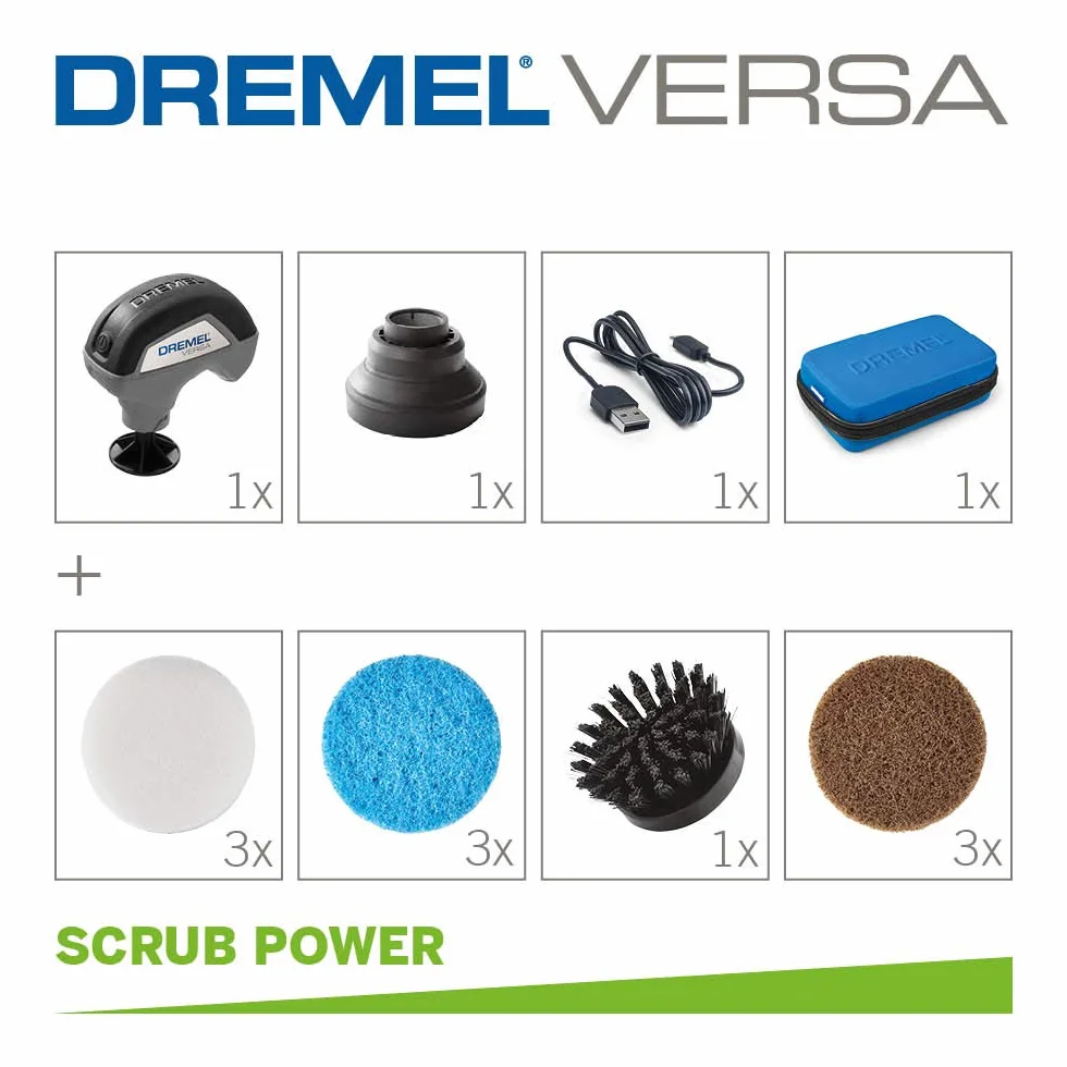 Dremel Versa PC10 zestaw do czyszczenia – bezprzewodowe narzędzie do czyszczenia z 9 wielozadaniowymi tarczami, szczotka szczecinowa i osłona przeciwbryzgowa dla szybszego i łatwiejszego czyszczenia