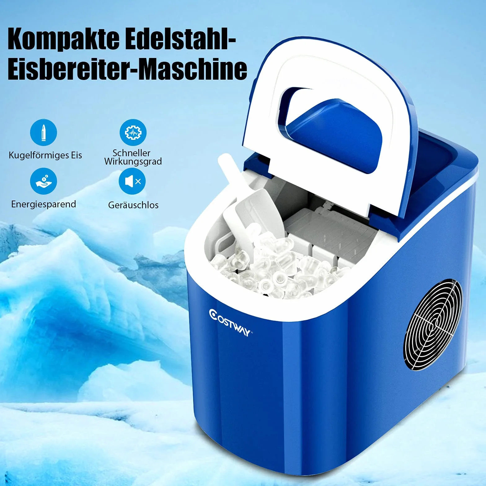 COSTWAY Kostkarka do lodu 12 kg/24 h, 9 kostek lodu w 6-13 min, kostkarka do lodu 2,2 l, 2 rozmiary kostek lodu w zestawie z łopatą, 25 x 36 x 33 cm (niebieska)