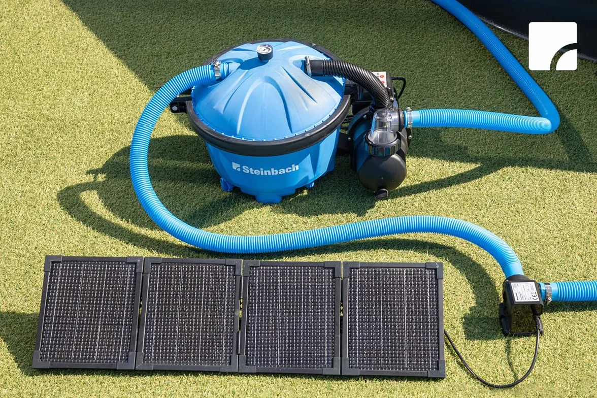 Steinbach Pompa cyrkulacyjna z panelem PV – 040613 – wydajność pompy 3000 l/h – do basenów o pojemności wody do 19 000 l – z dołączonym składanym panelem PV 30 W