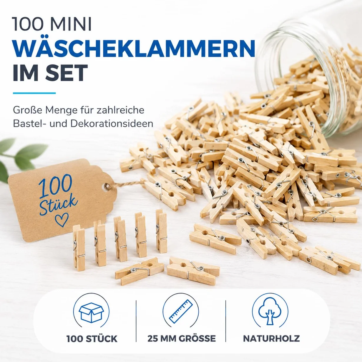 TK Gruppe Timo Klingler 100 x mini klamerki 25 mm, klamerki ozdobne do torebek na prezenty i zdjęć, mini spinacze do bielizny, spinacze z prawdziwego drewna