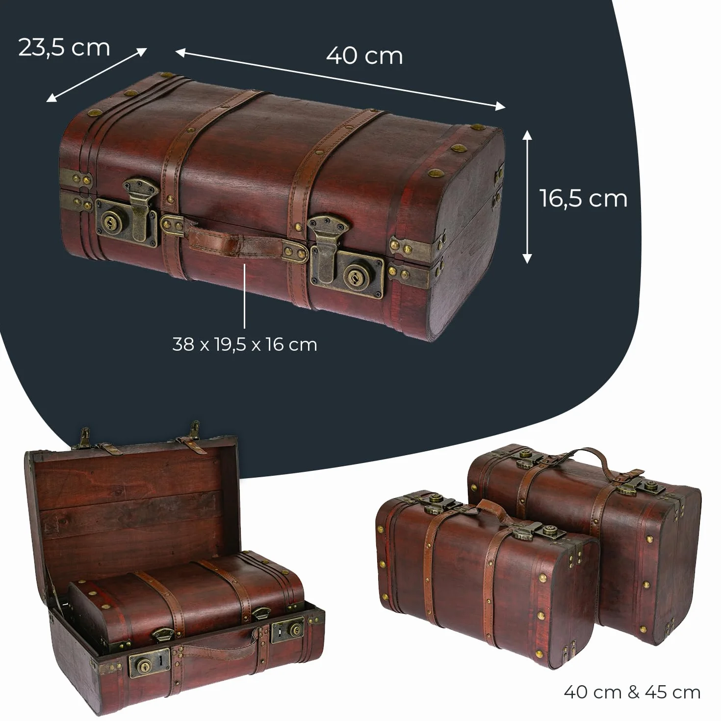 HMF 6412-140 Drewniana skrzynia na skarby, walizka w stylu vintage, duża, Peru, 40 x 23,5 x 16,5 cm