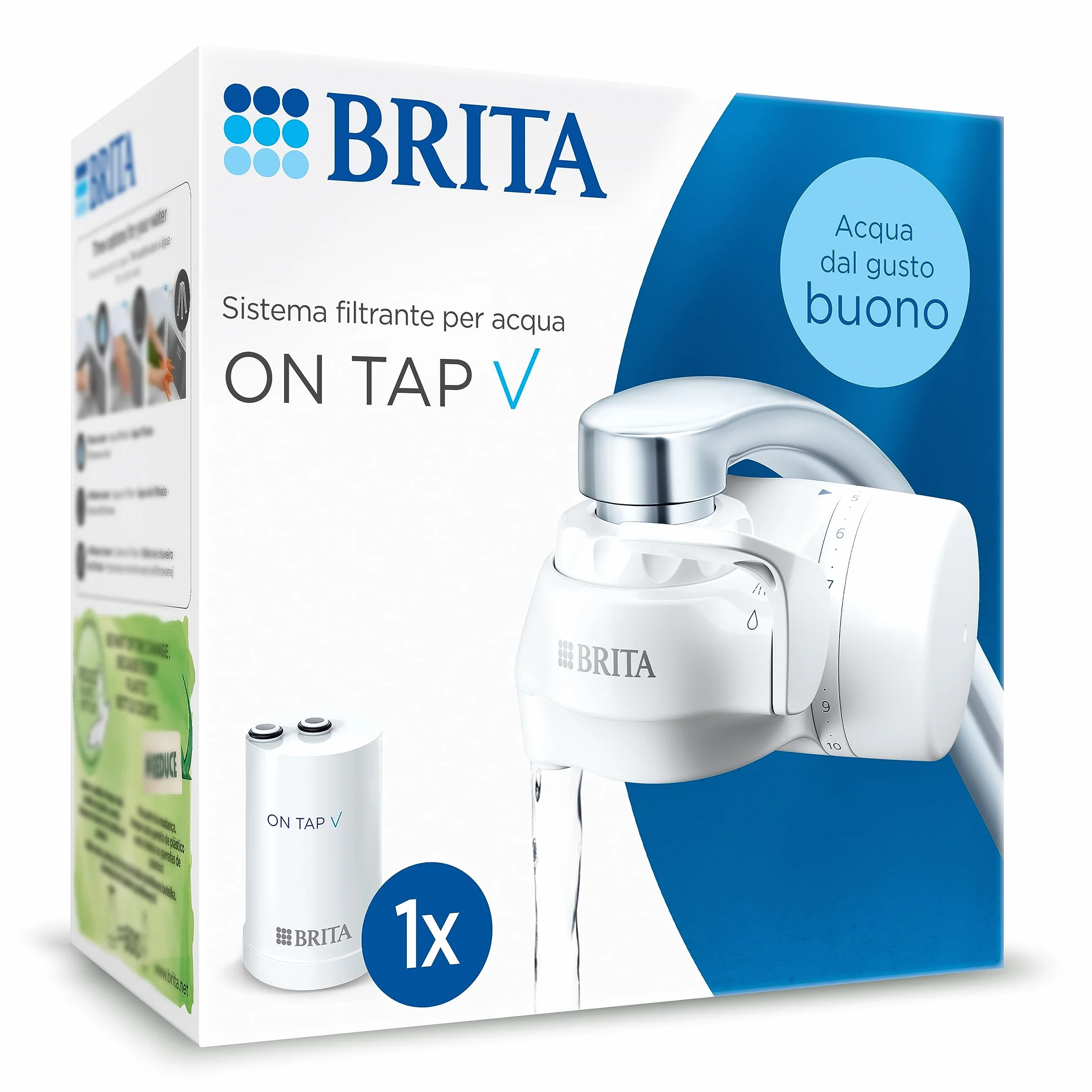 BRITA ON TAP V System filtrów wody, w zestawie 1 wkład: zrównoważona woda o dobrym smaku bezpośrednio z kranu, redukuje mikrocząstki, PFAS, metale i substancje wpływające na smak.