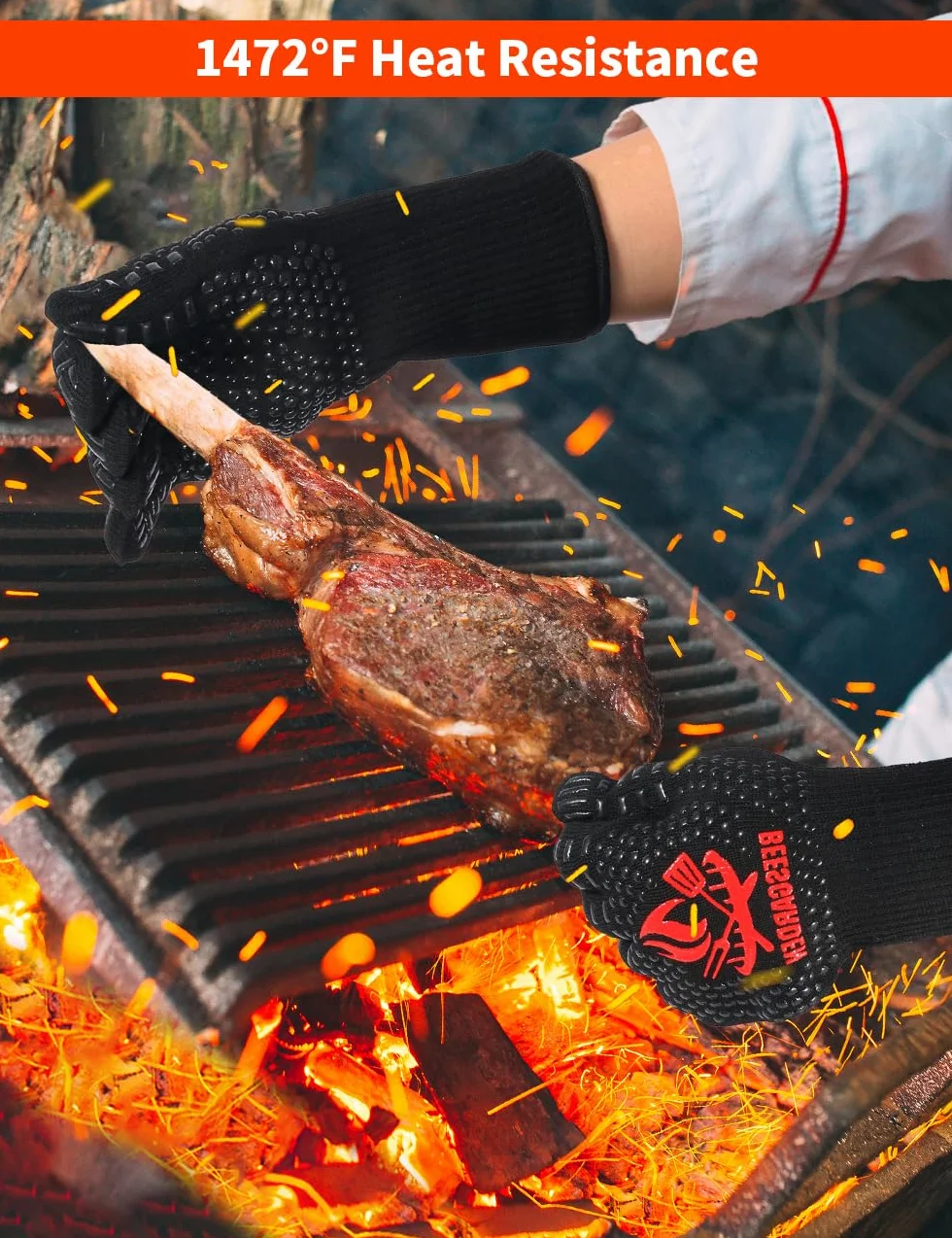 Rękawice do grilla, odporne na wysokie temperatury do 800°C, ekstremalnie odporne na wysoką temperaturę, ogniotrwałe rękawice do piekarnika, rękawice kuchenne, rękawice do pieczenia