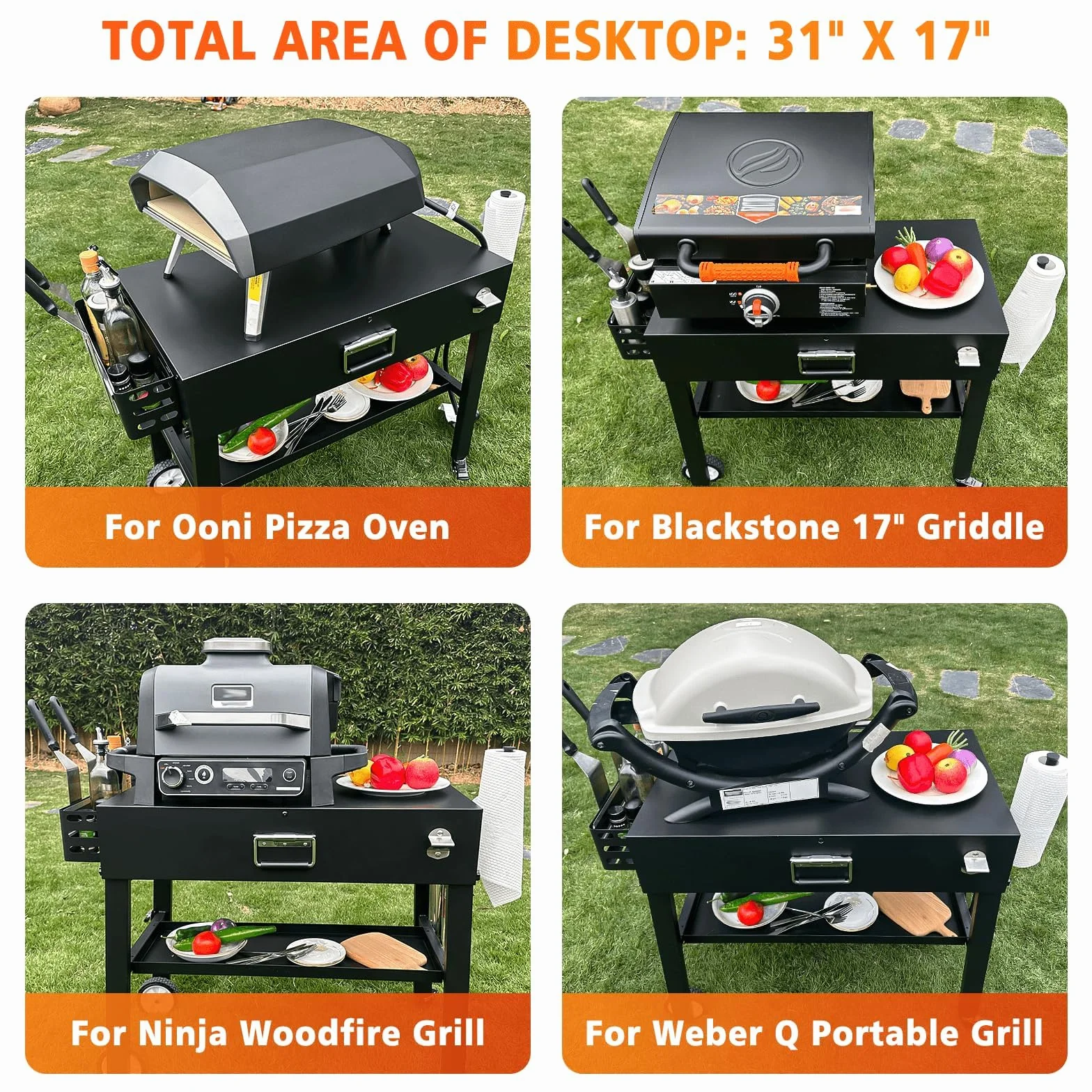 GFTIME Wózek do grilla Ninja Woodfire Outdoor Grill, przenośny wózek do serwowania, stojak Woodfire do serii Ninja OG700, uniwersalny składany stojak do grilla Weber Q1000, stół do grilla do pieca do