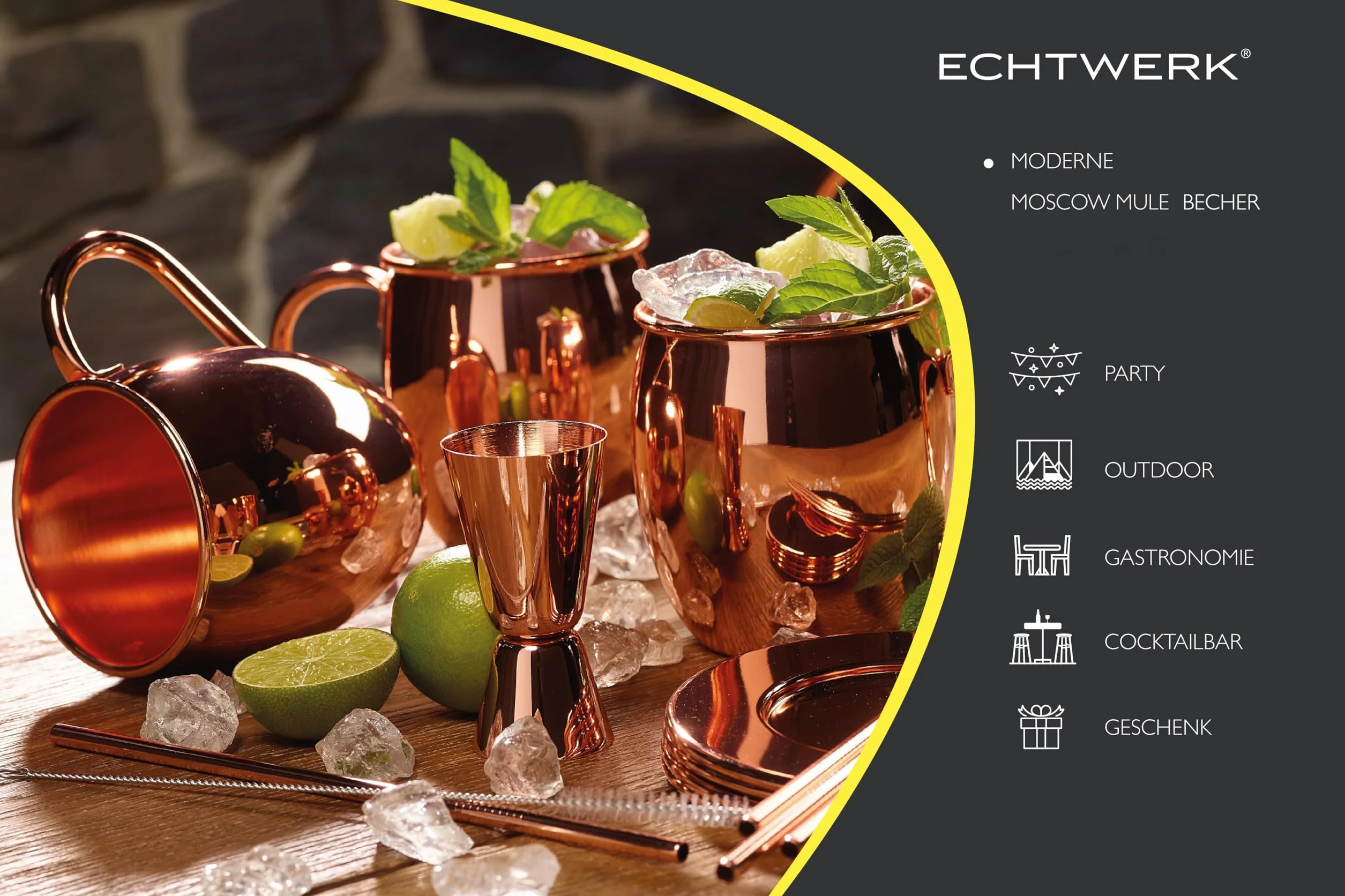ECHTWERK Moscow Mule zestaw 13 kubków miedzianych ze stali nierdzewnej, składający się z 4 kubków miedzianych 500 ml, 4 podstawek, 4 słomek i 1 miarki 2 cl/4 cl, EW-MM-1714G