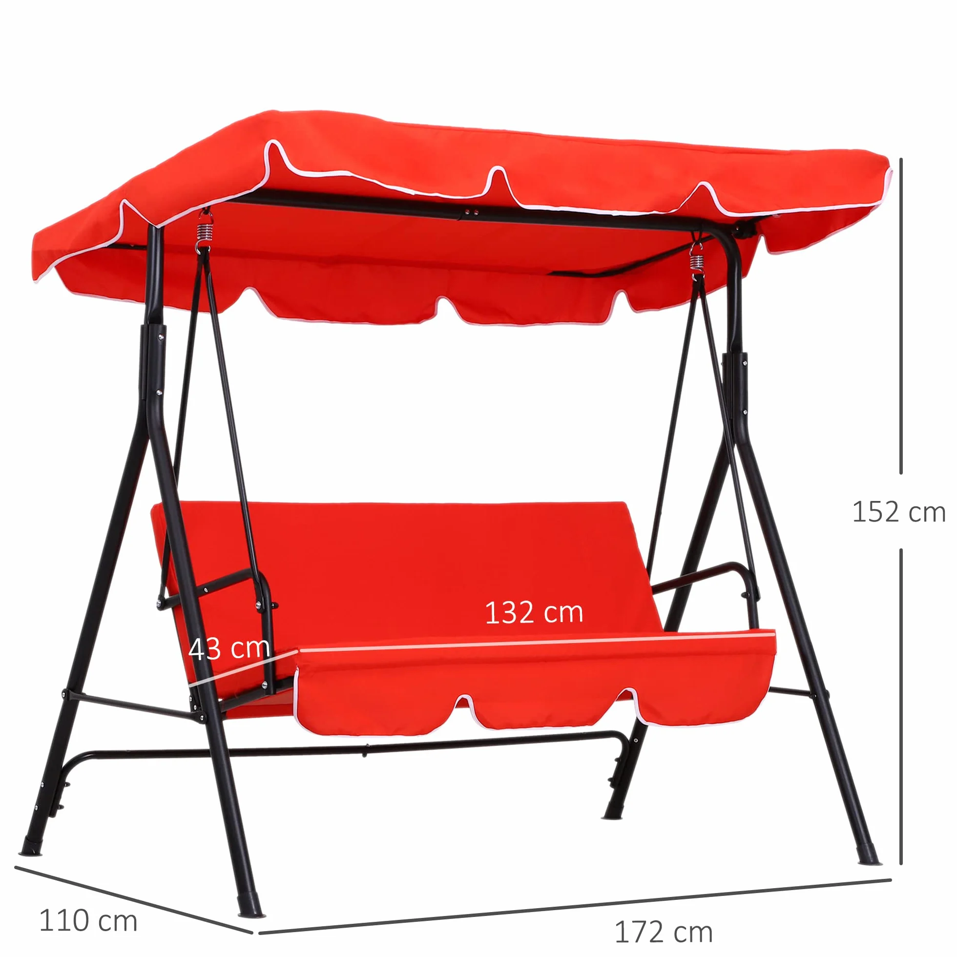 Outsunny 3-osobowa huśtawka ogrodowa Regulowane nachylenie dachu Poduszki na siedzisko i oparcie 1,72 l x 1,1 l x 1,52H m Stal Czarny Poliester Czerwony