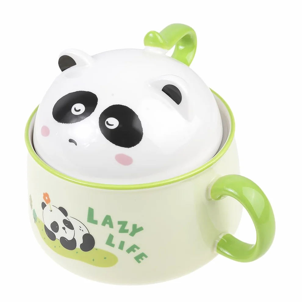 lachineuse - Azjatycka miska Ramen - Porcelana - Wzór Panda - 1020 ML - Z pokrywką i sztućcami - Miska śniadaniowa, Zupa, Ryż, Makaron Instant - Pomysł na prezent Azja Japonia Chiny - Zielony