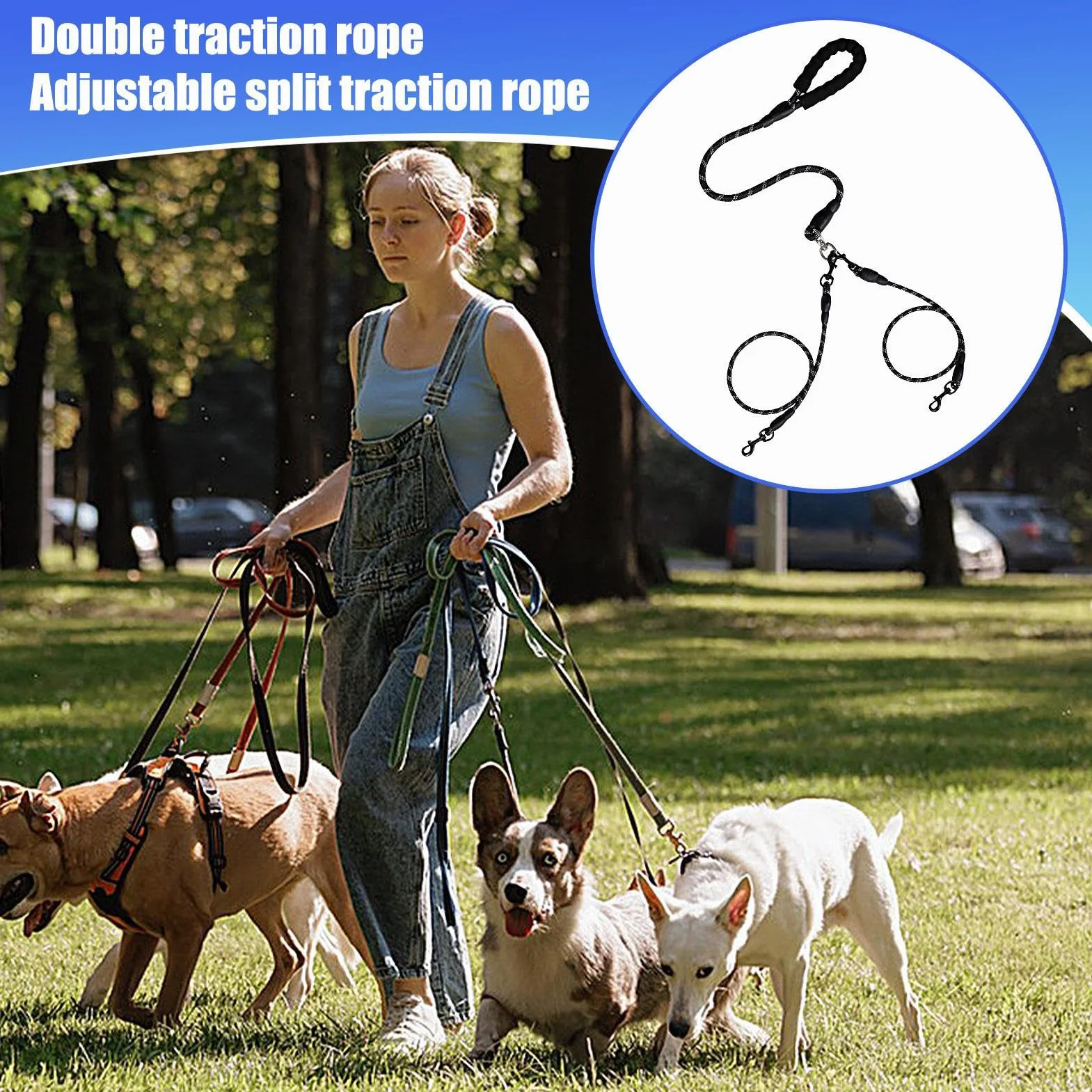 Double Dog Cable, Heavy Duty No Tangling Splitter, 1.2cm + 78 1cm Adjustable Shock Absorbing Rope, Lead, Includes Poop Bag Holder, for Walking, Outdoor Travel, Large Pets86