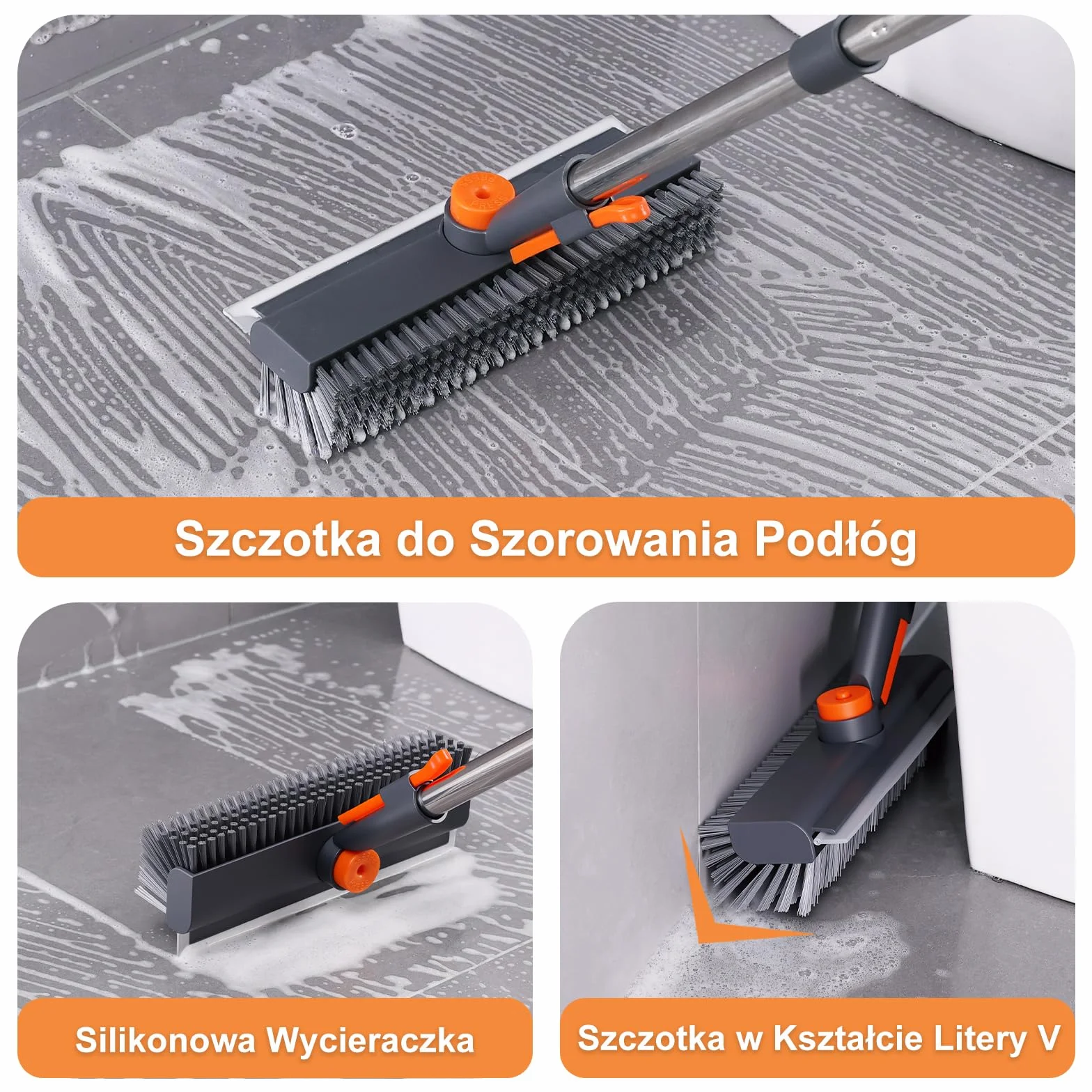 Mitclear Szczotka do Szorowania Podłóg z Długim Uchwytem(122cm), Szczotka do Szorowania 3 w 1 ze Sztywnym Włosiem i Ściągaczką do Szorowania Podłóg w Kuchni, Łazience, Tarasie, Patio, Garażu