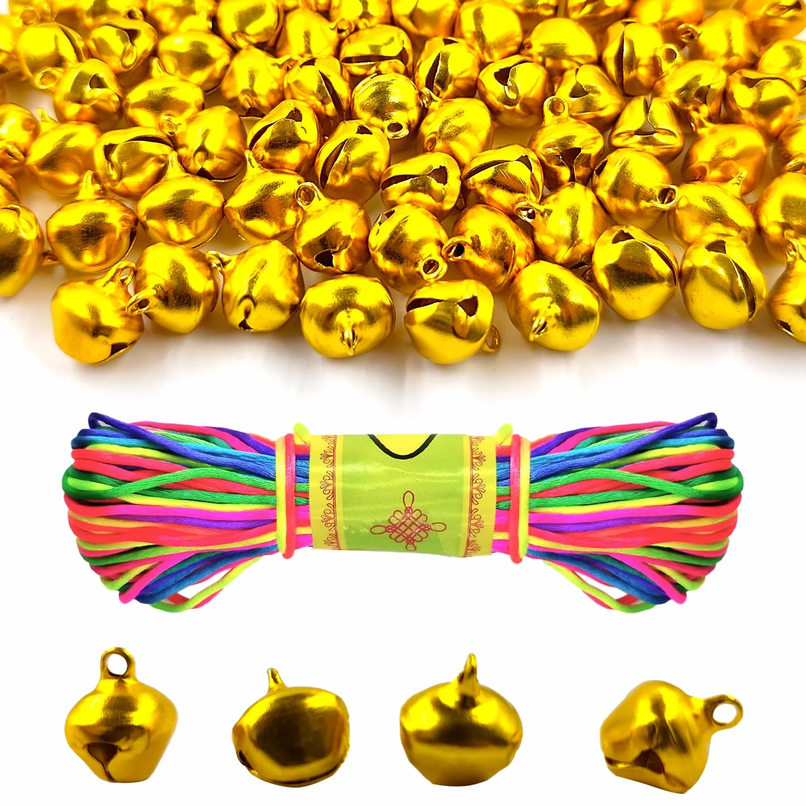 150 sztuk metalowych dzwoneczków, 14 mm z oczkami, z kolorową linką 20 m, dzwonki do majsterkowania, małe dzwonki bożonarodzeniowe do dekoracji festiwalowych, produkcji biżuterii, obroży dla psów